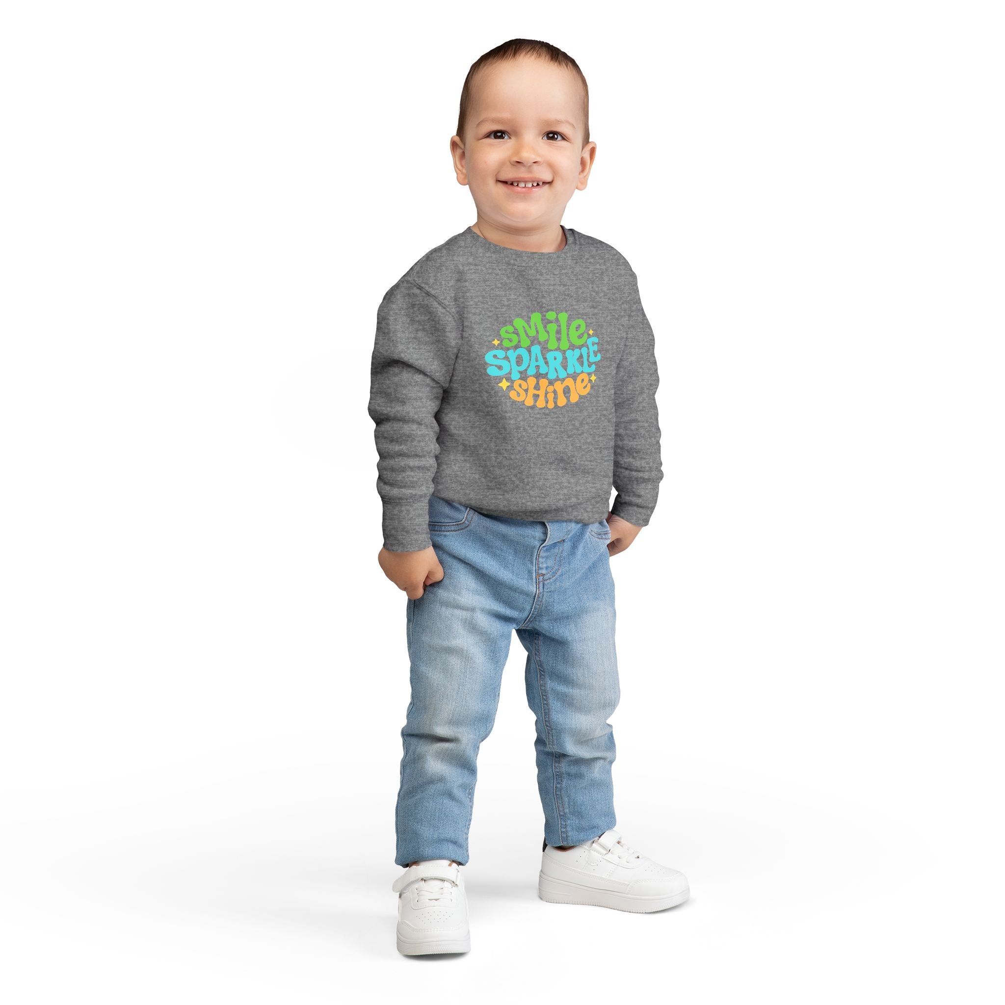 Toddler Sweatshirt – "Smile Sparkle Shine" Retro Rainbow Crewneck