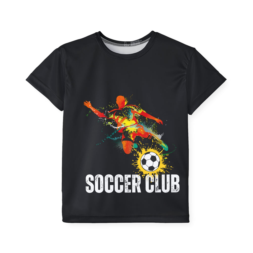 Black Kids Soccer Club Jersey — Colorful Action Graphic Youth Sports Tee