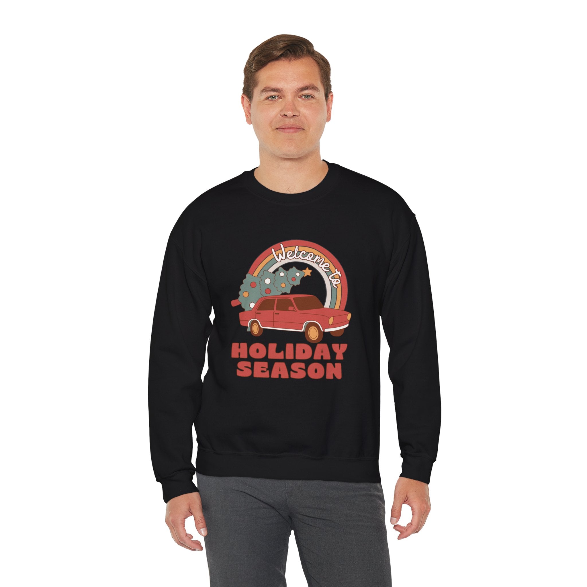 Holiday Season Sweatshirt — Retro Car & Tree Christmas Crewneck