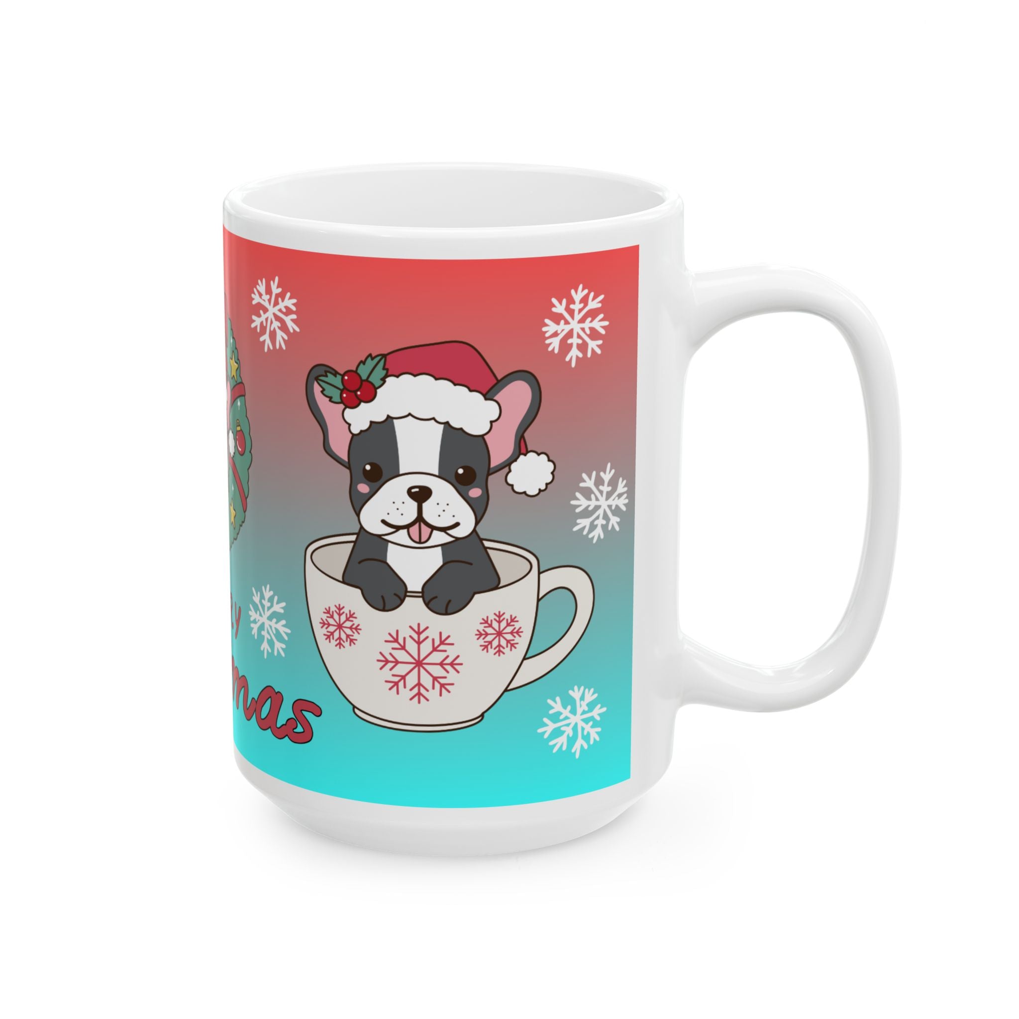 Merry Christmas Dog Holiday Mug — Cute French Bulldog in Wreath (11oz & 15oz)