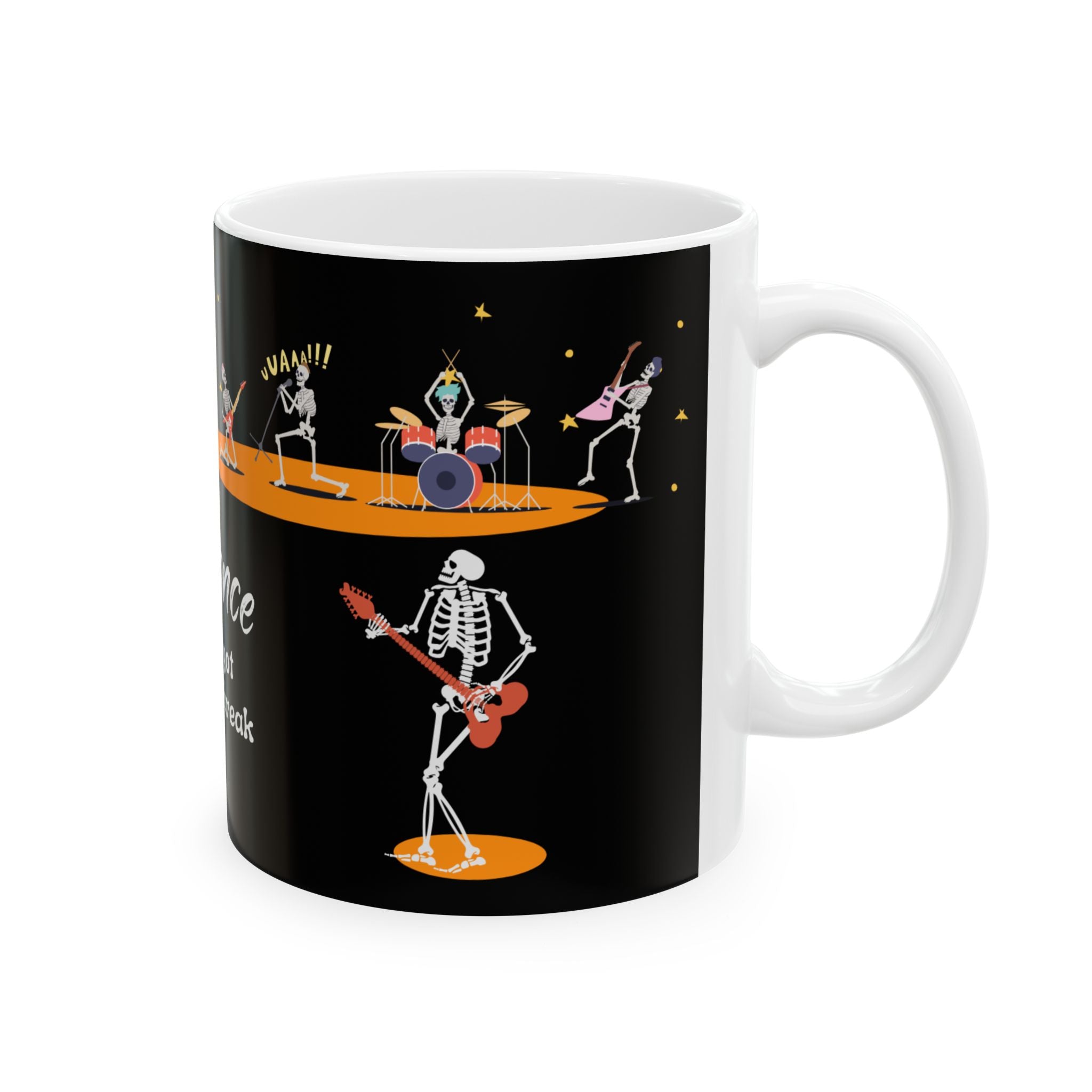Mug - Dark Starlit Scene and Skeleton Dancers - 'Just Dance - we've got bones to break' Design - 11oz, 15oz