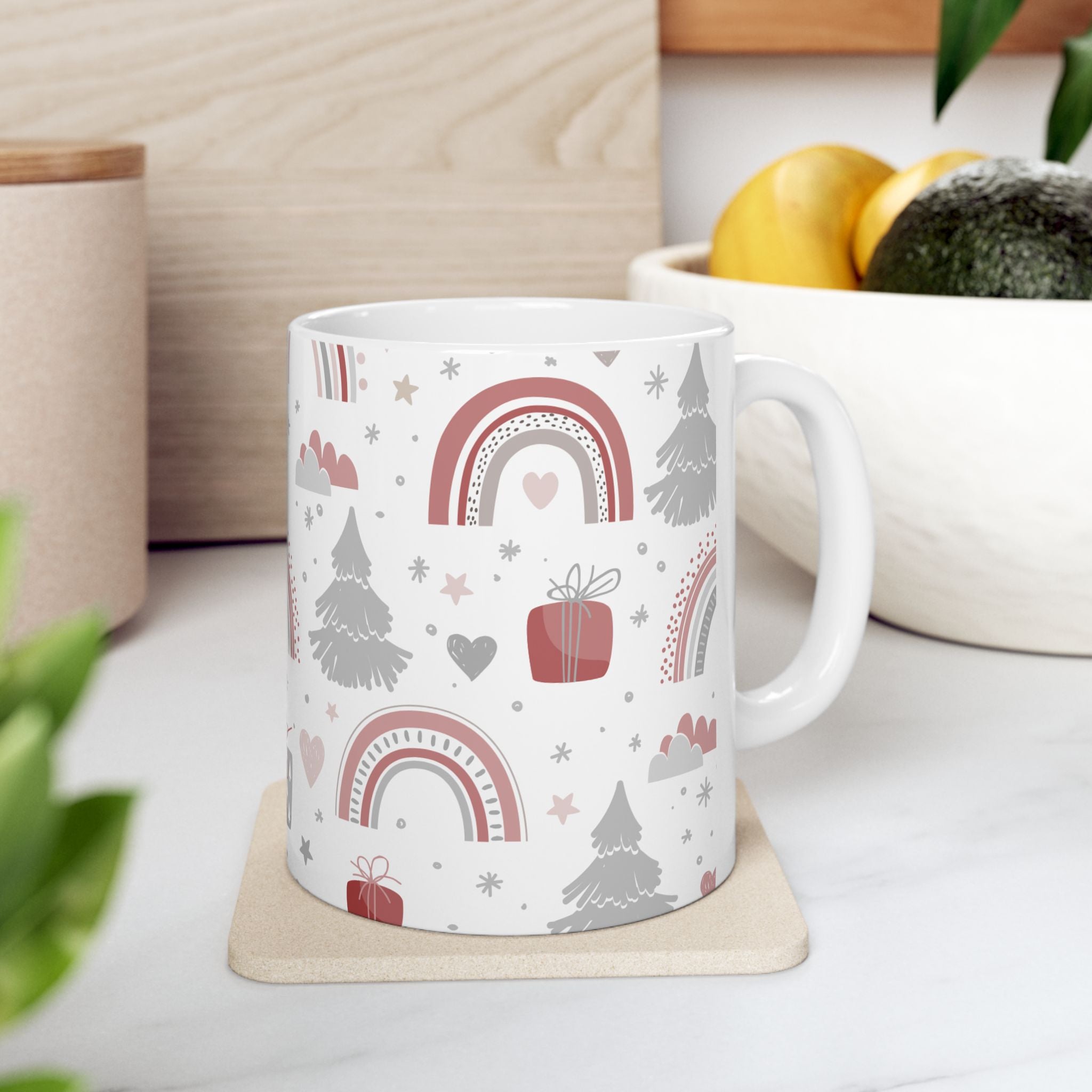 Holiday Whimsy Ceramic Mug (11oz, 15oz) - Hand-Drawn Rainbows and Pine Silhouettes