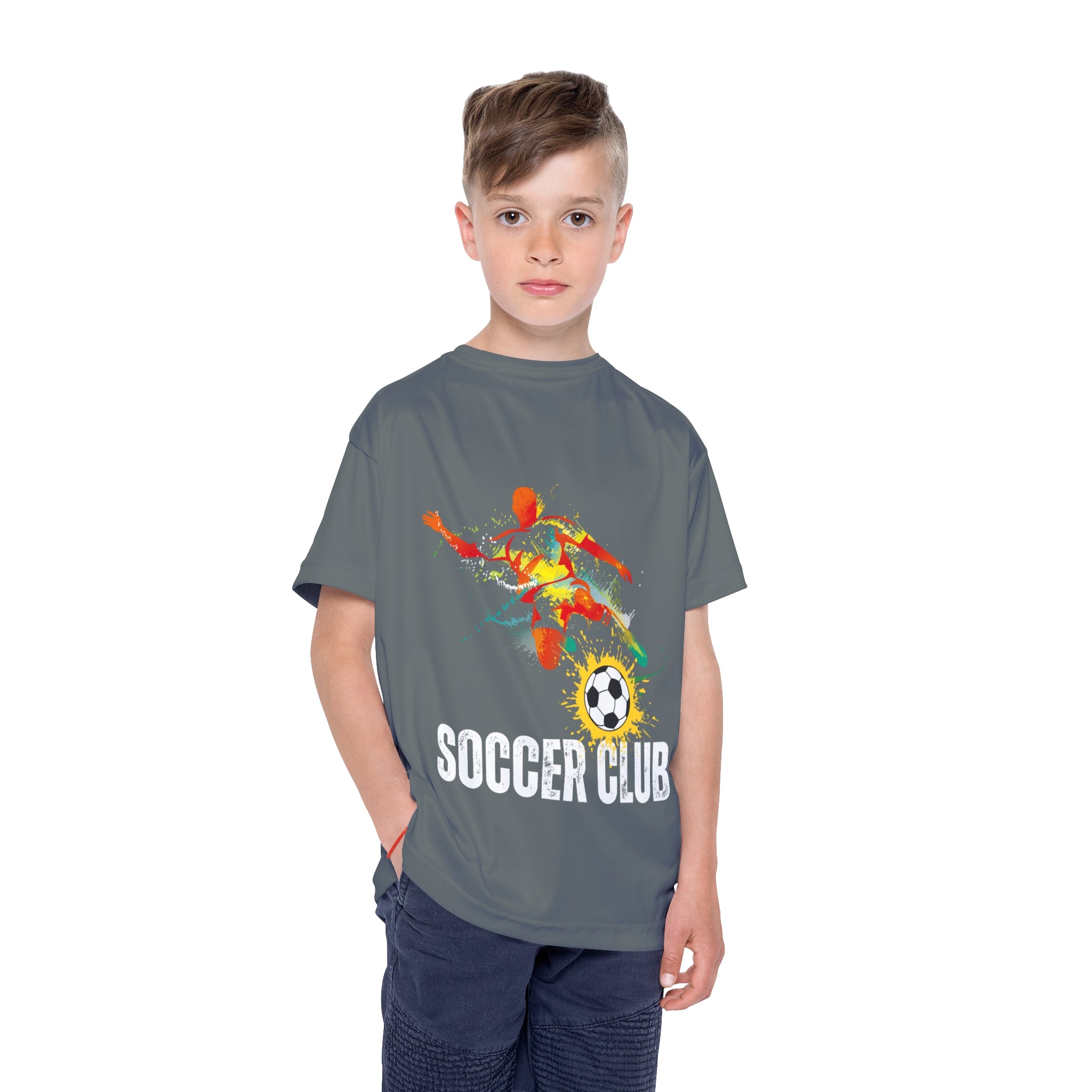 Kids Soccer Club Jersey — Youth Athletic Tee with Color Splash Soccer Graphic