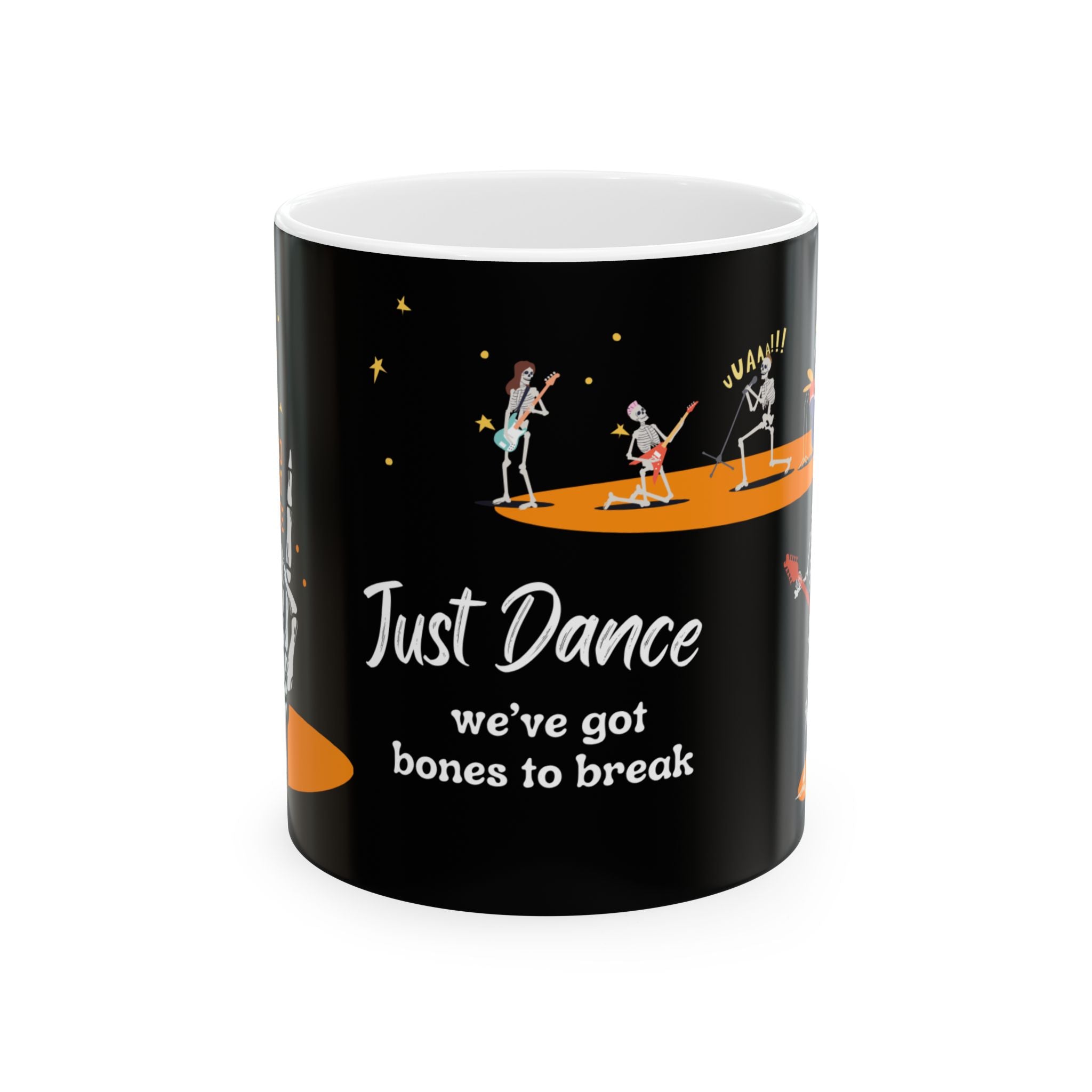 Mug - Dark Starlit Scene and Skeleton Dancers - 'Just Dance - we've got bones to break' Design - 11oz, 15oz