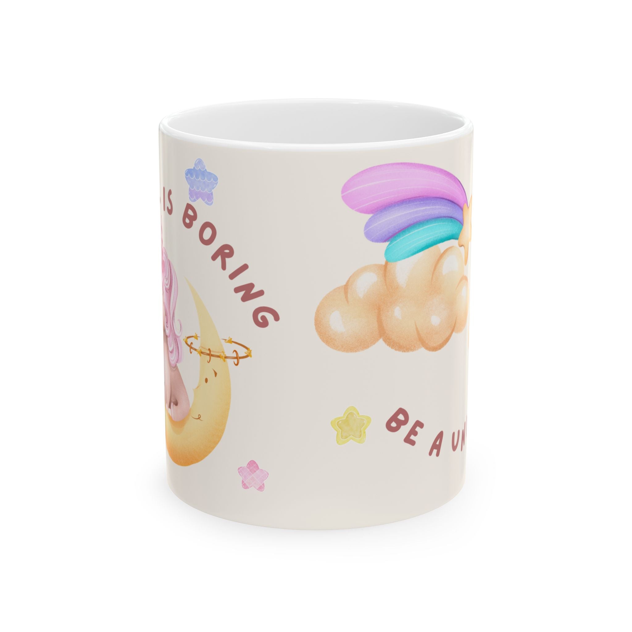 Whimsical Unicorn Moon Ceramic Mug — “No Drama, Be a Unicorn” Cute Pastel Coffee Cup (11oz/15oz)