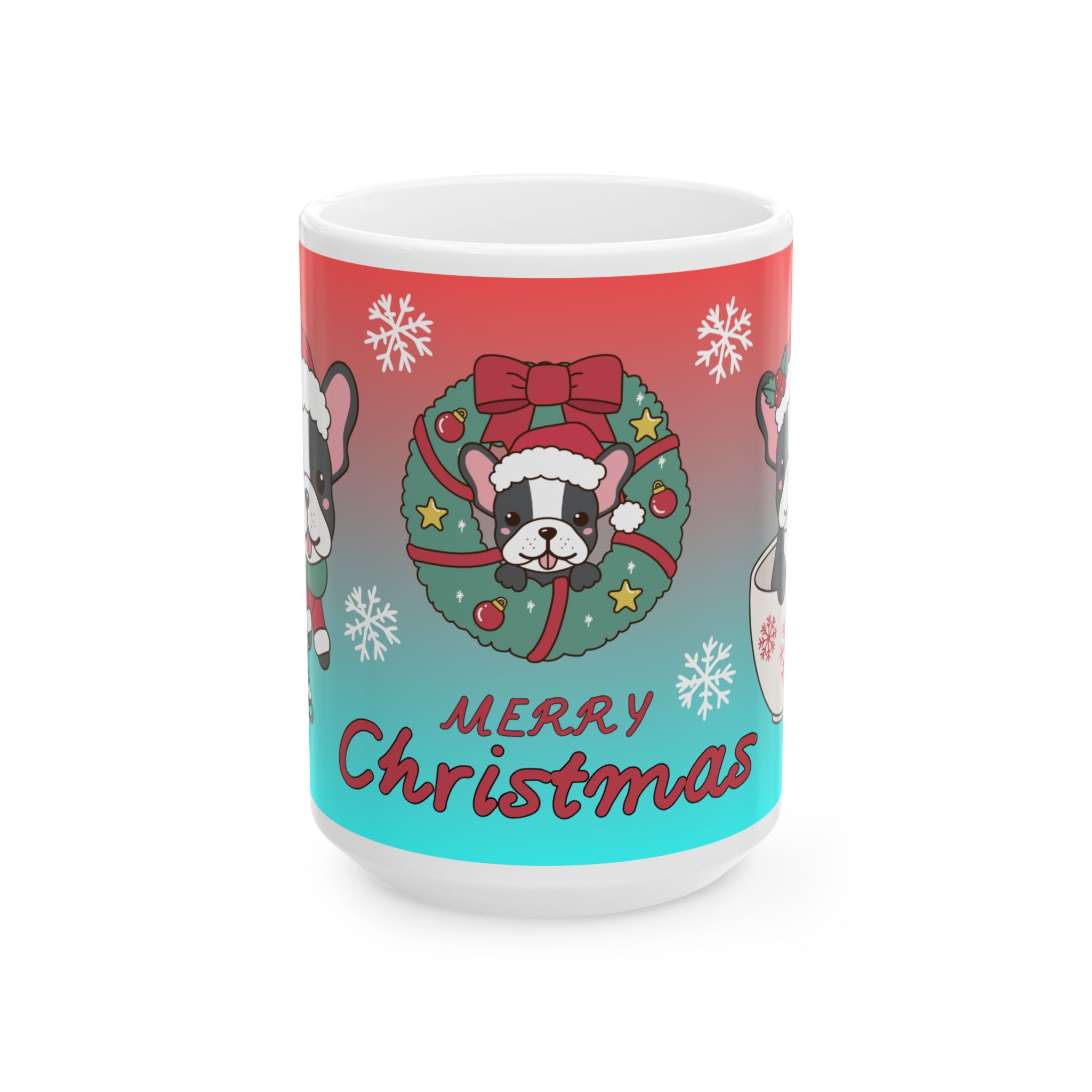 Merry Christmas Dog Holiday Mug — Cute French Bulldog in Wreath (11oz & 15oz)