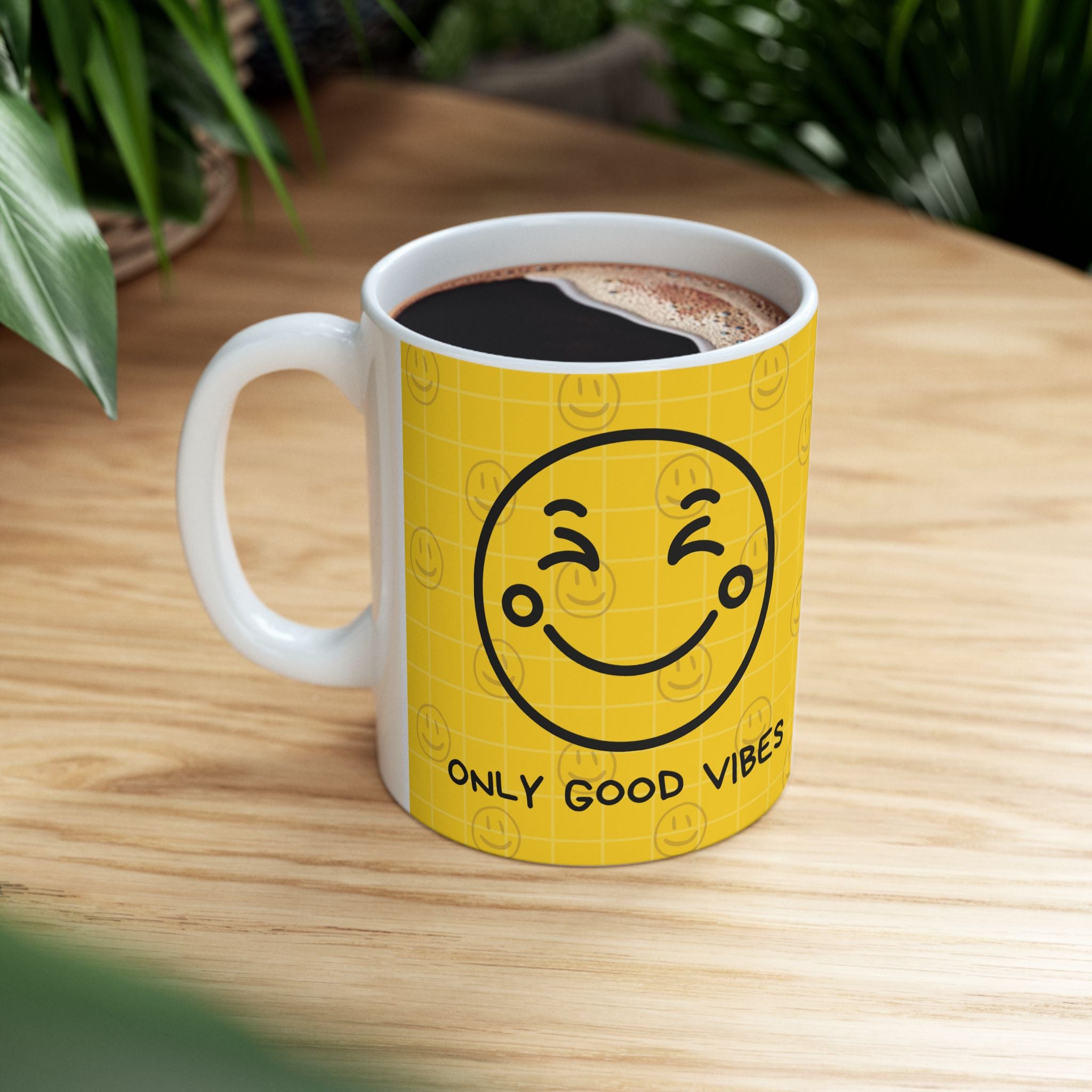 Only Good Vibes Ceramic Mug – Yellow Smiley Face Coffee Cup (11oz & 15oz)