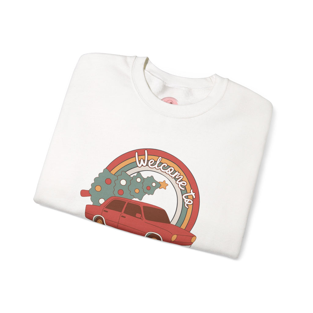 Holiday Season Sweatshirt — Retro Car & Tree Christmas Crewneck