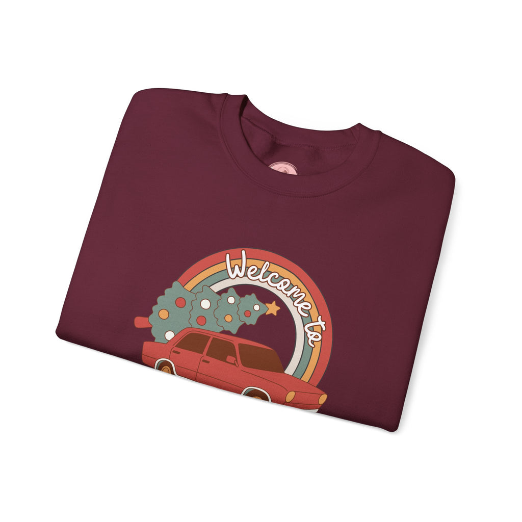 Holiday Season Sweatshirt — Retro Car & Tree Christmas Crewneck