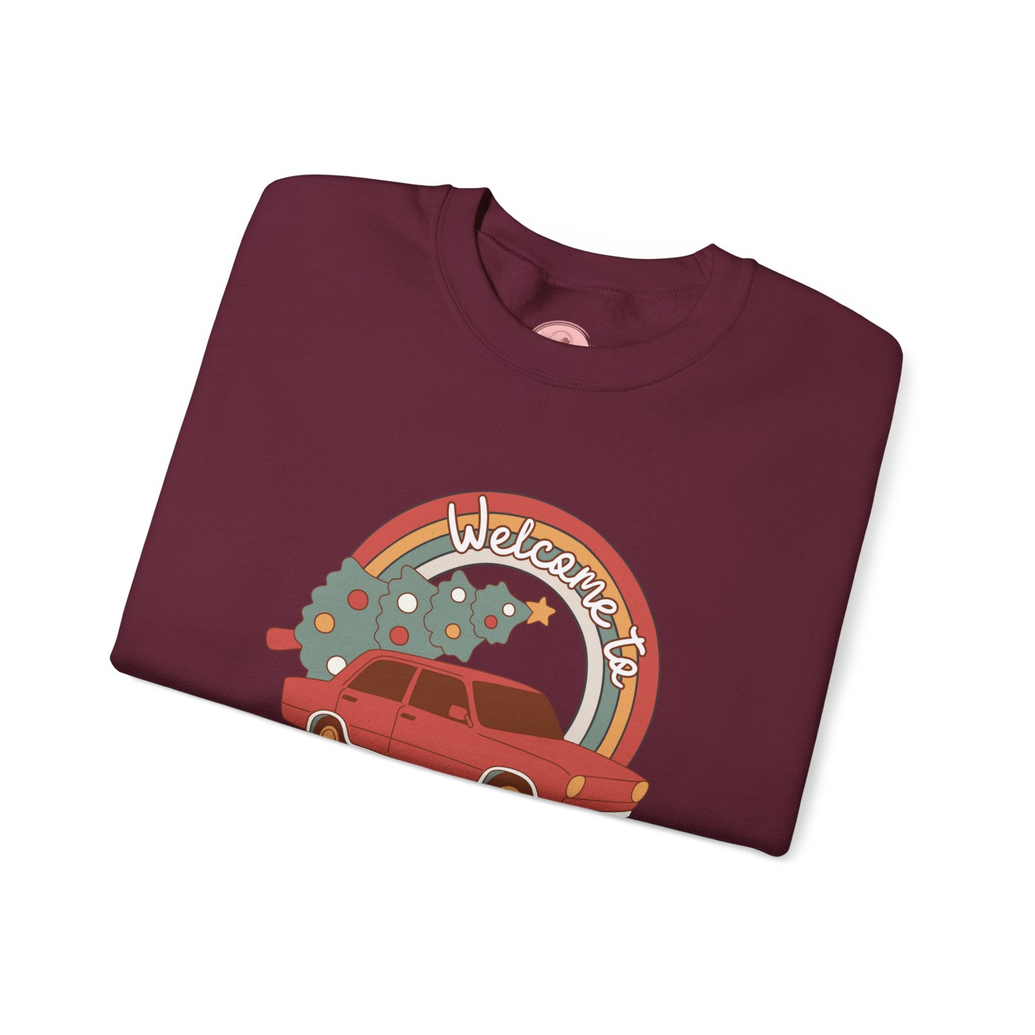 Holiday Season Sweatshirt — Retro Car & Tree Christmas Crewneck