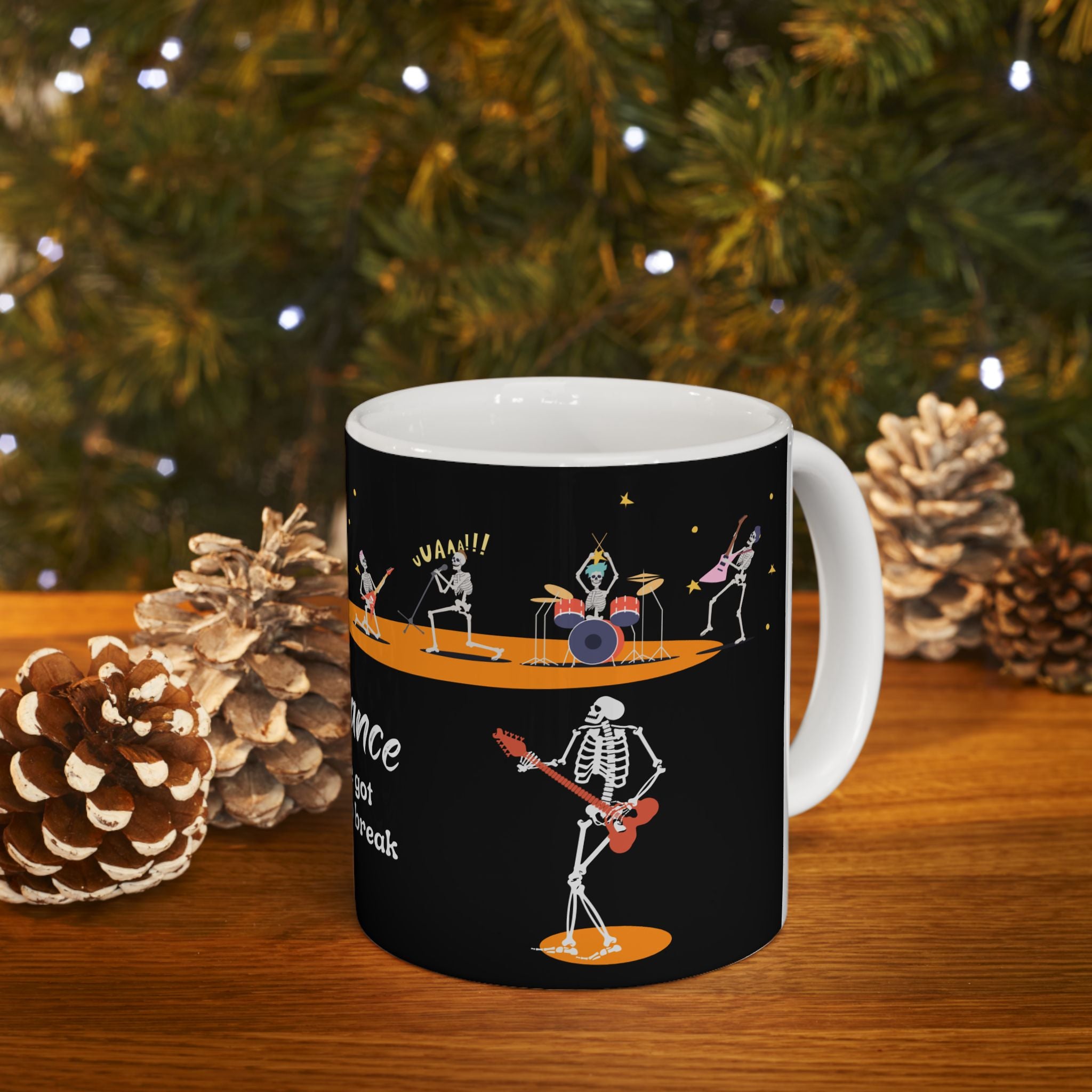 Mug - Dark Starlit Scene and Skeleton Dancers - 'Just Dance - we've got bones to break' Design - 11oz, 15oz