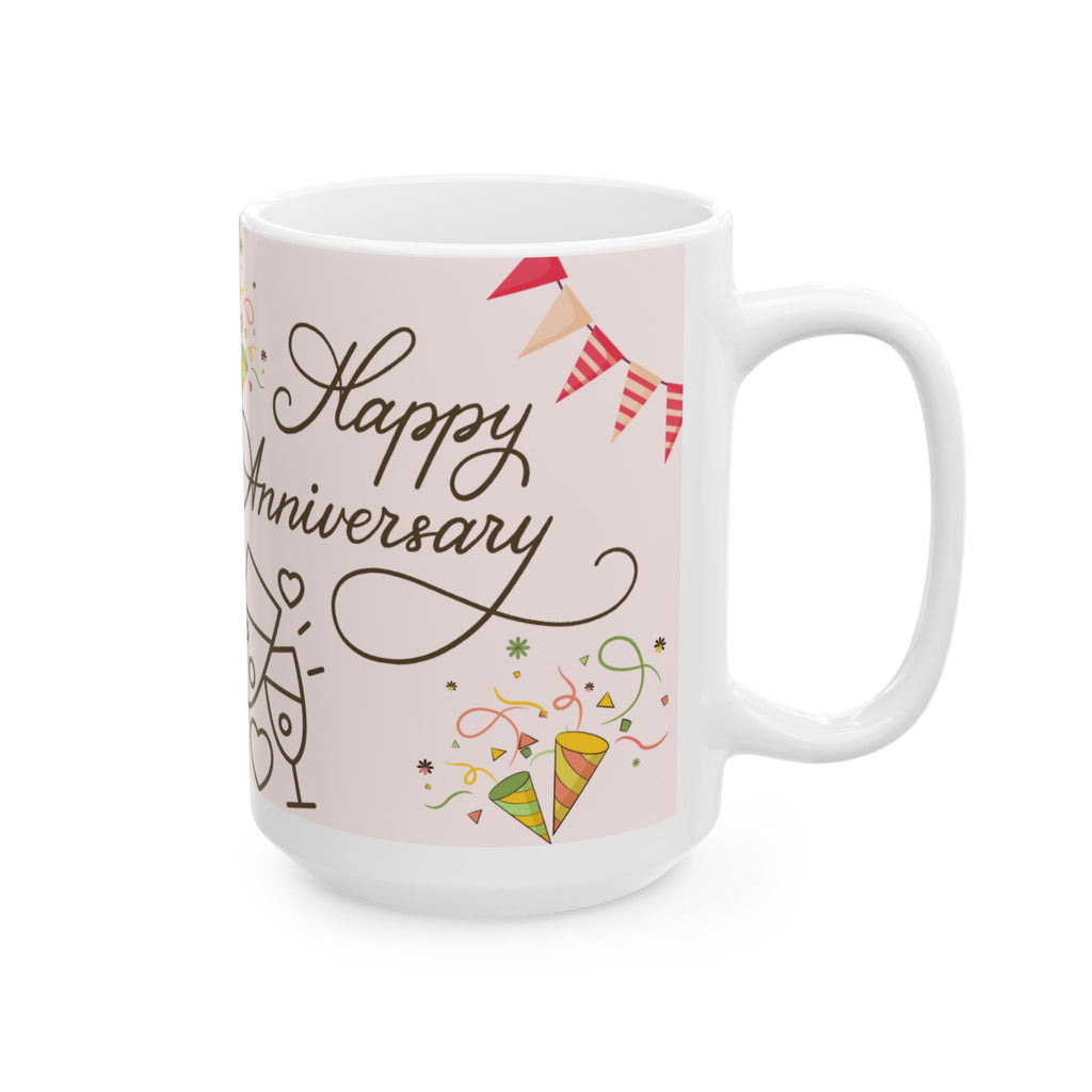 Anniversary Ceramic Mug – Happy Anniversary with Balloons & Cheers (11oz/15oz)
