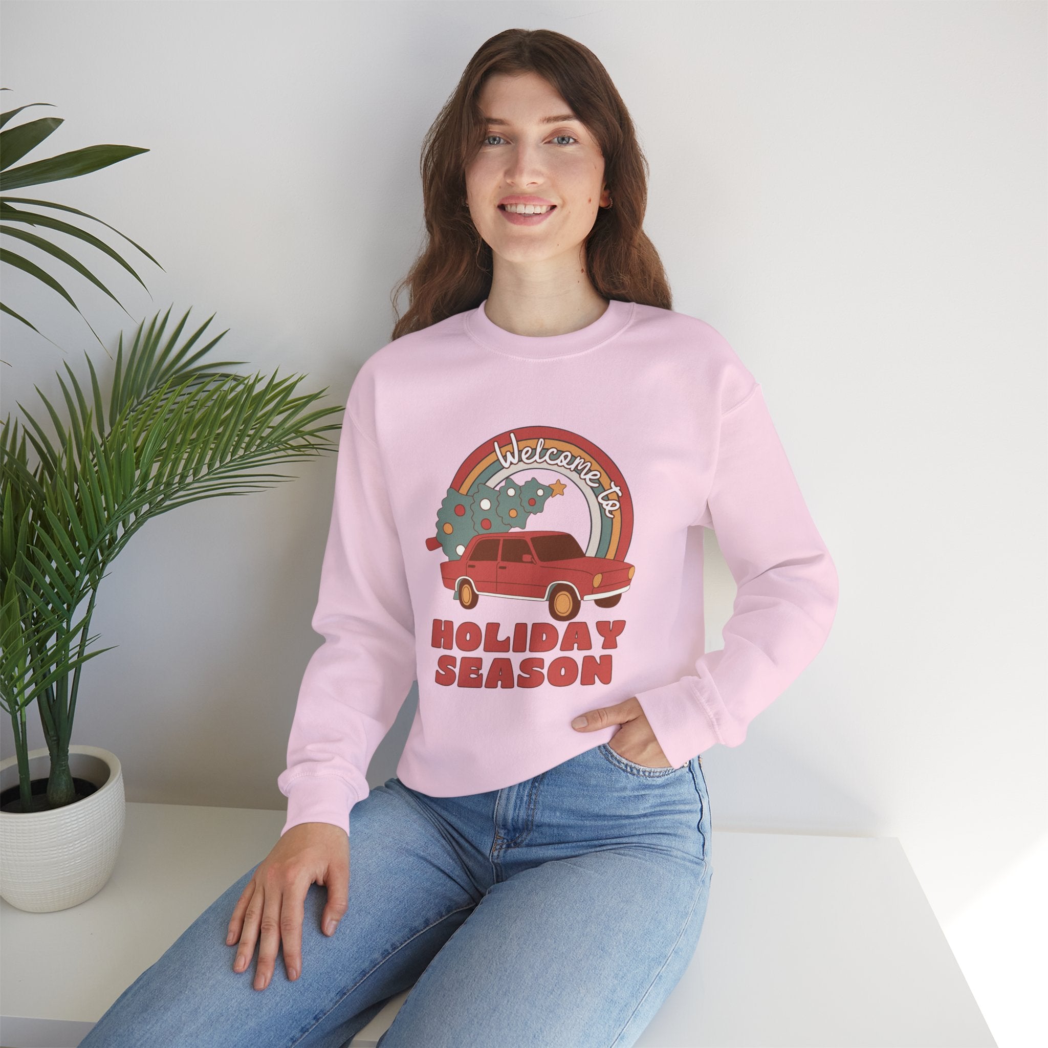 Holiday Season Sweatshirt — Retro Car & Tree Christmas Crewneck