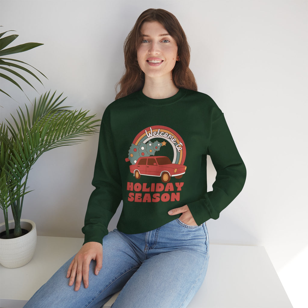 Holiday Season Sweatshirt — Retro Car & Tree Christmas Crewneck