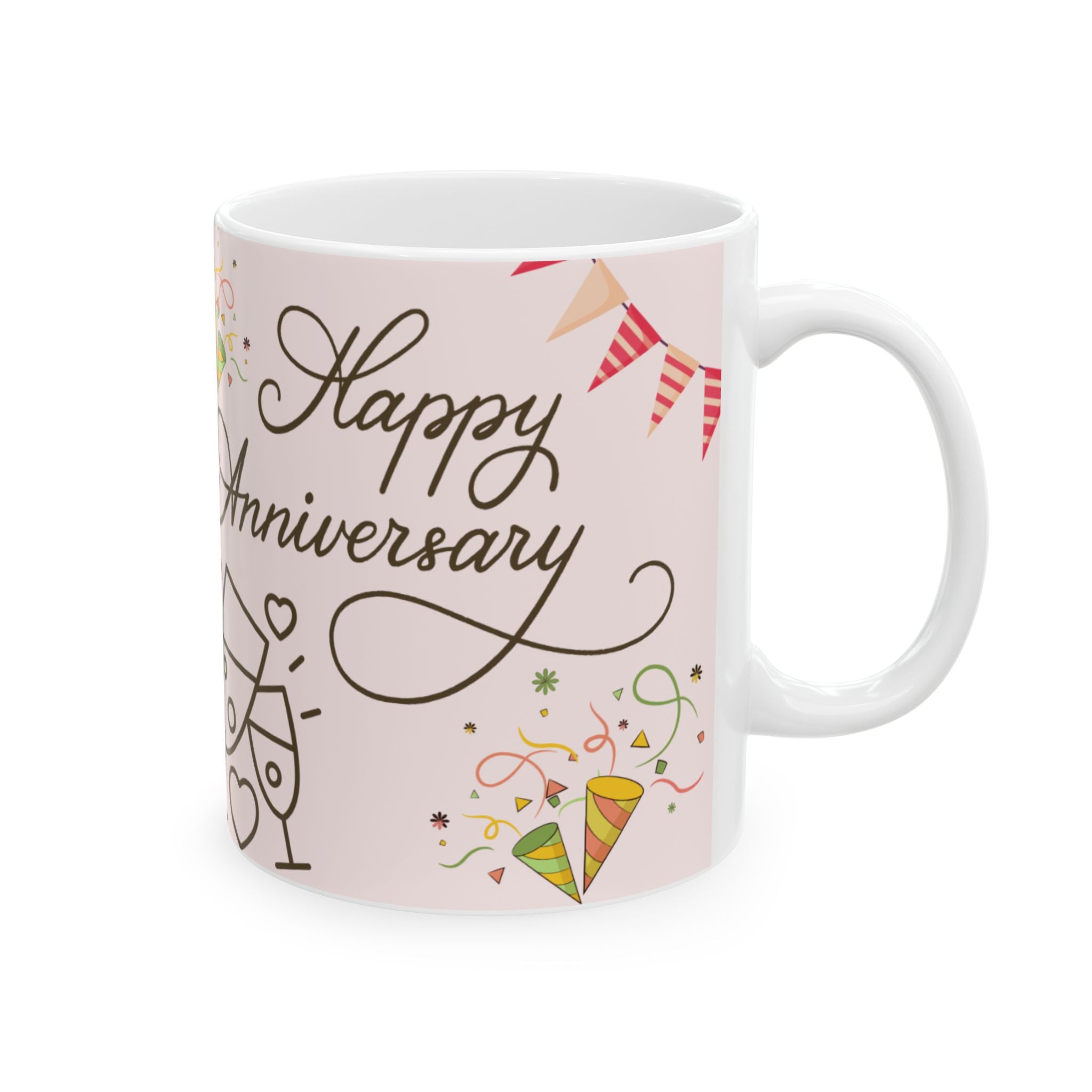 Anniversary Ceramic Mug – Happy Anniversary with Balloons & Cheers (11oz/15oz)