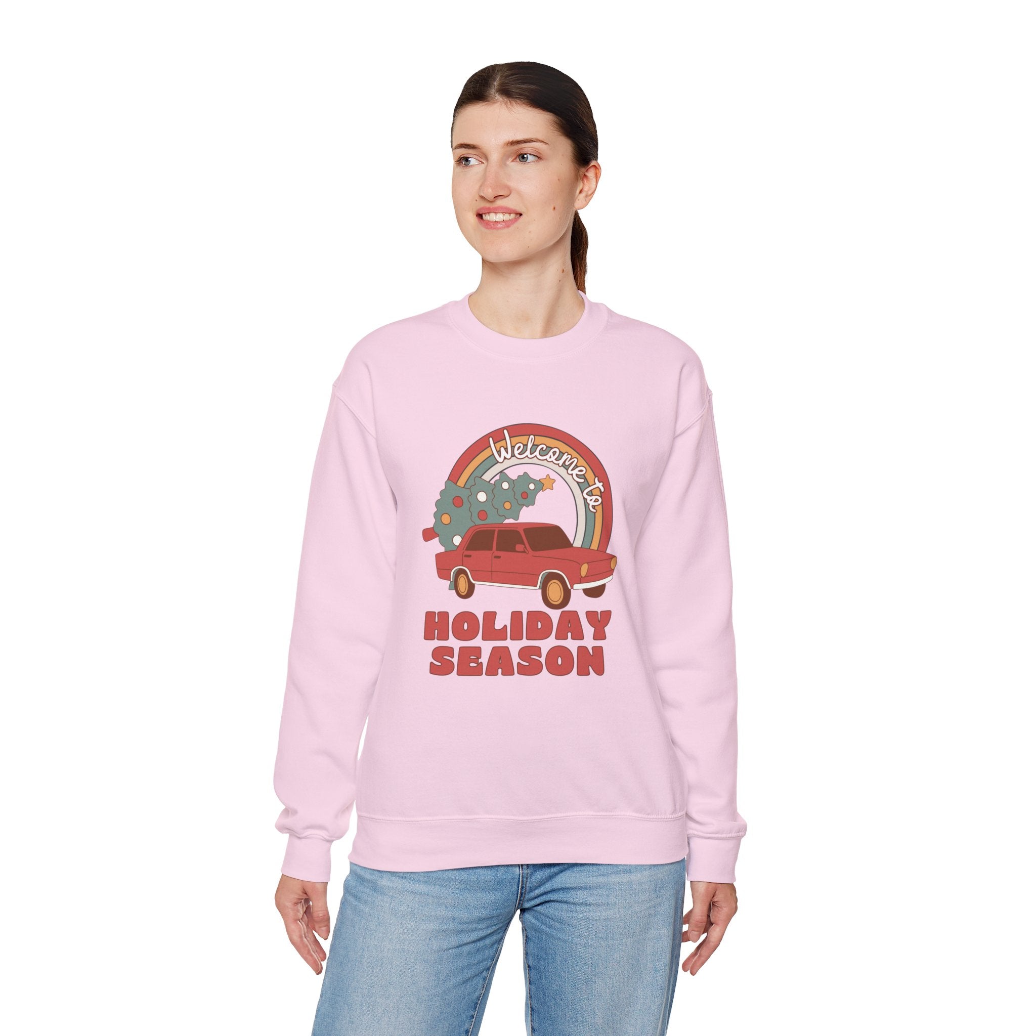 Holiday Season Sweatshirt — Retro Car & Tree Christmas Crewneck