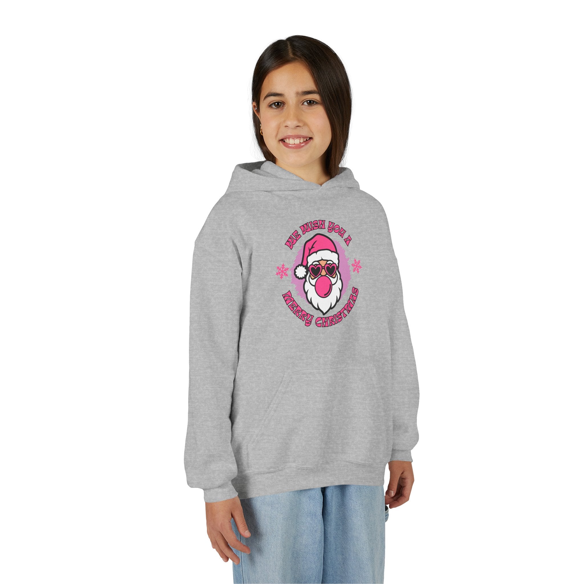Kids Christmas Hoodie - Pink Sunglasses Santa "He Believes You" Holiday Sweatshirt