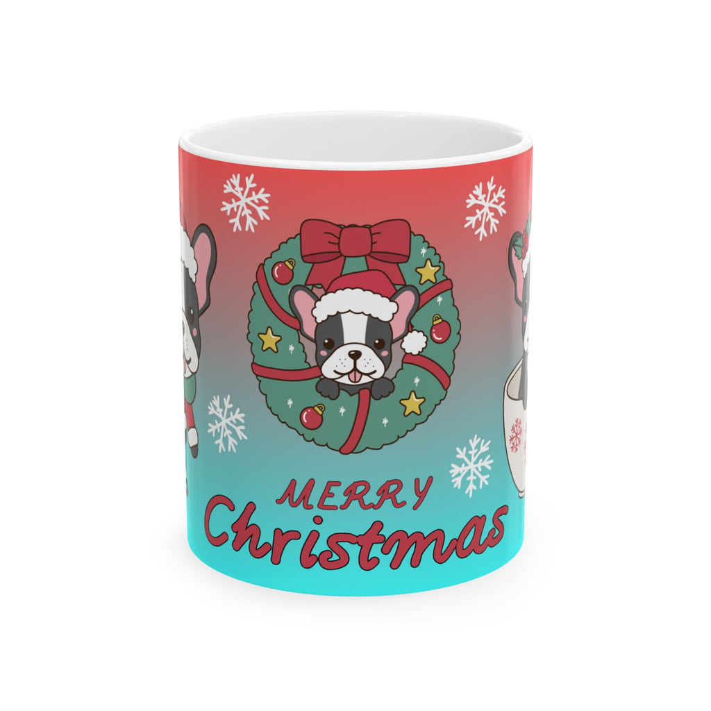 Merry Christmas Dog Holiday Mug — Cute French Bulldog in Wreath (11oz & 15oz)
