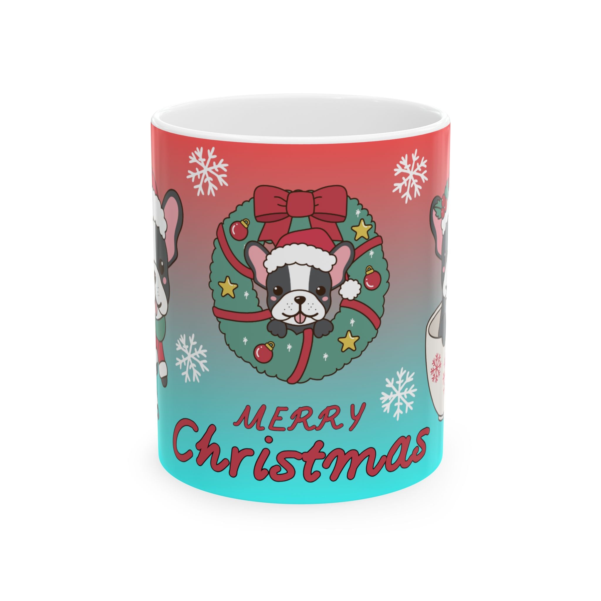 Merry Christmas Dog Holiday Mug — Cute French Bulldog in Wreath (11oz & 15oz)