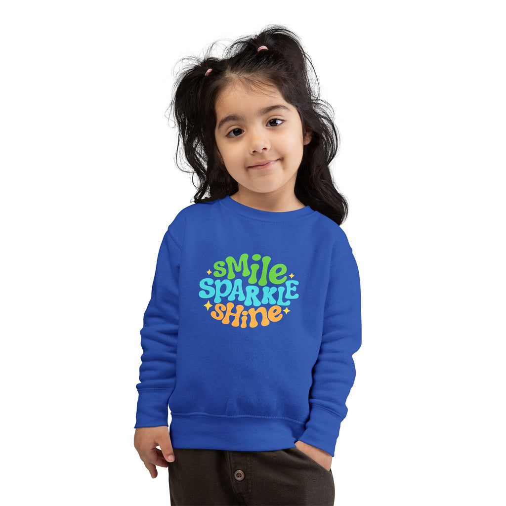 Toddler Sweatshirt – "Smile Sparkle Shine" Retro Rainbow Crewneck
