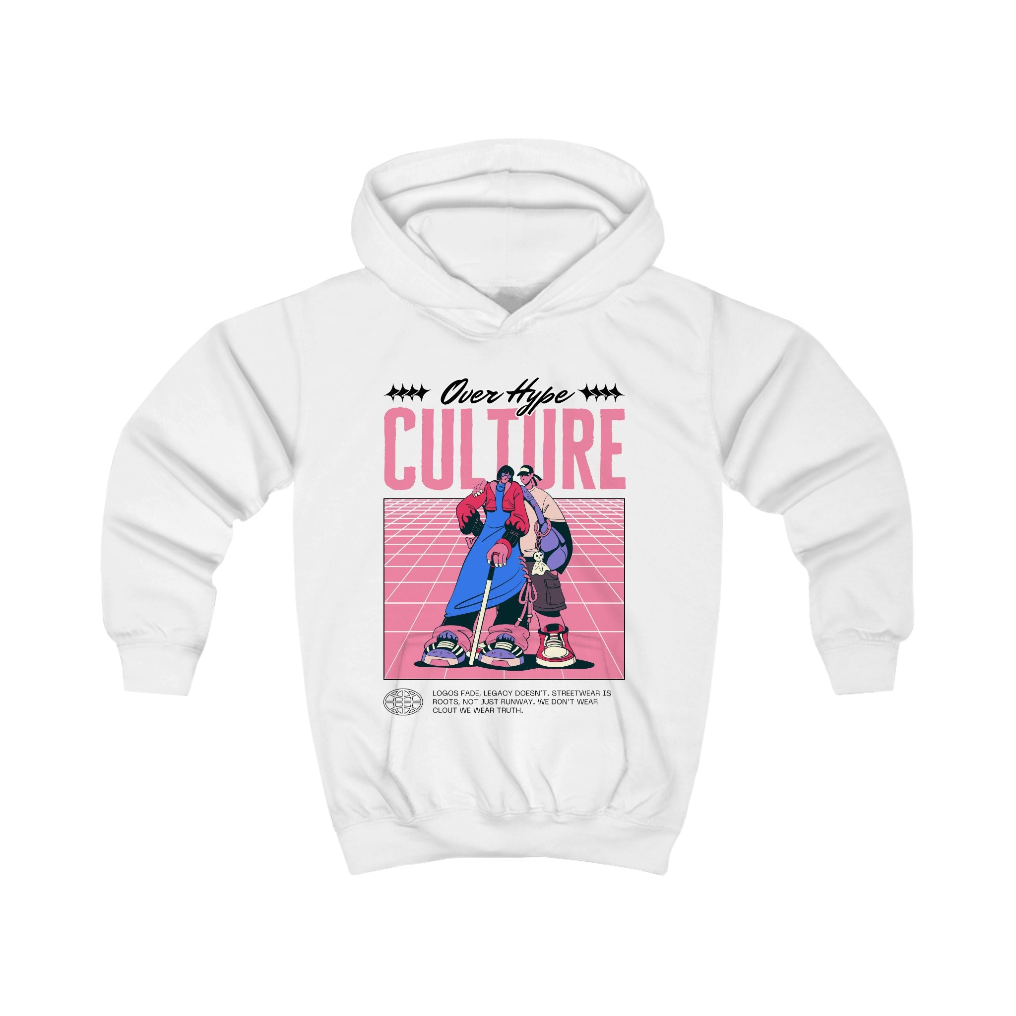 Kids Hoodie with Playful Retro-Inspired Cartoon Print - Street-Style Attitude in Bold Pinks and Blues - Skatepark Vibes - Arcade Loving Kids