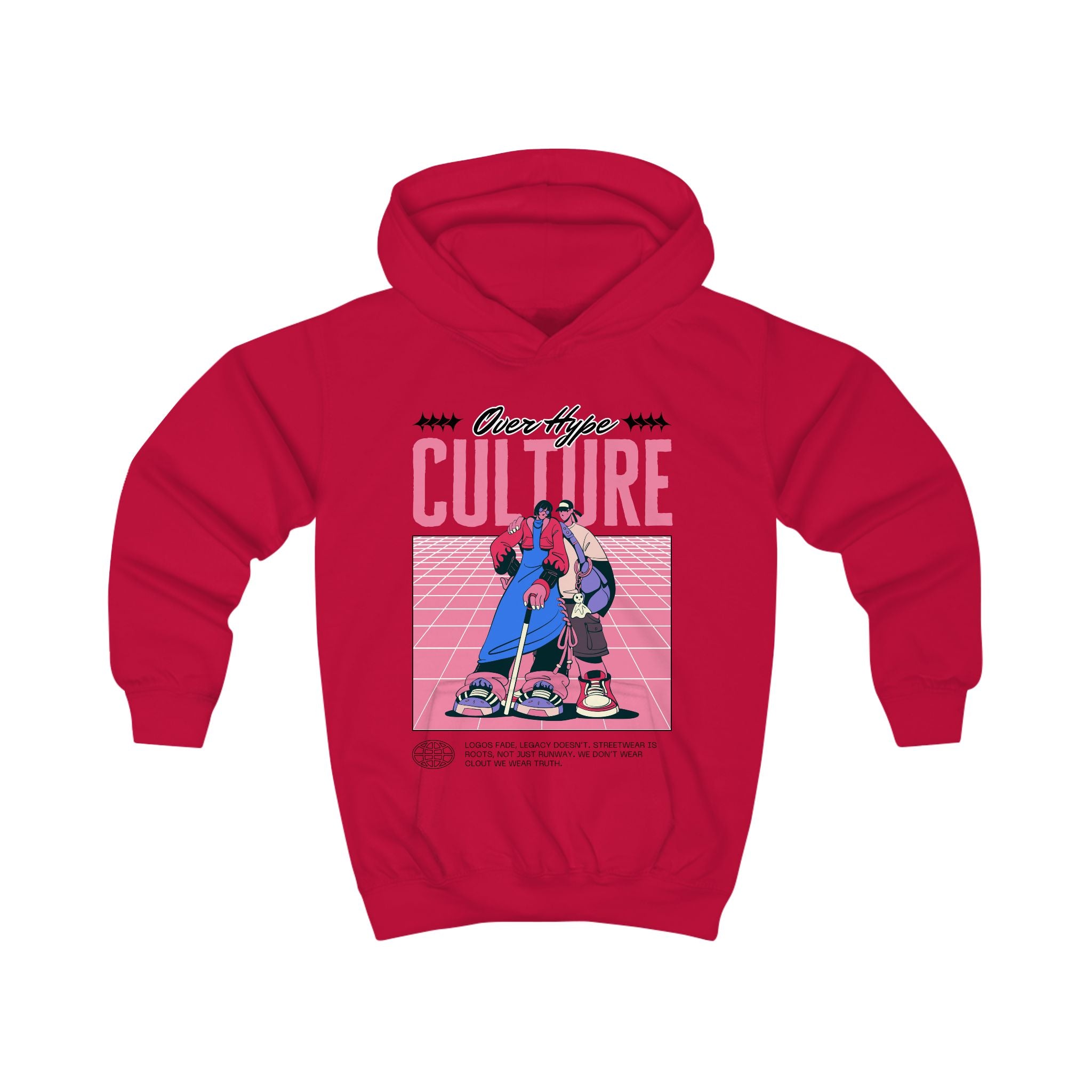 Kids Hoodie with Playful Retro-Inspired Cartoon Print - Street-Style Attitude in Bold Pinks and Blues - Skatepark Vibes - Arcade Loving Kids