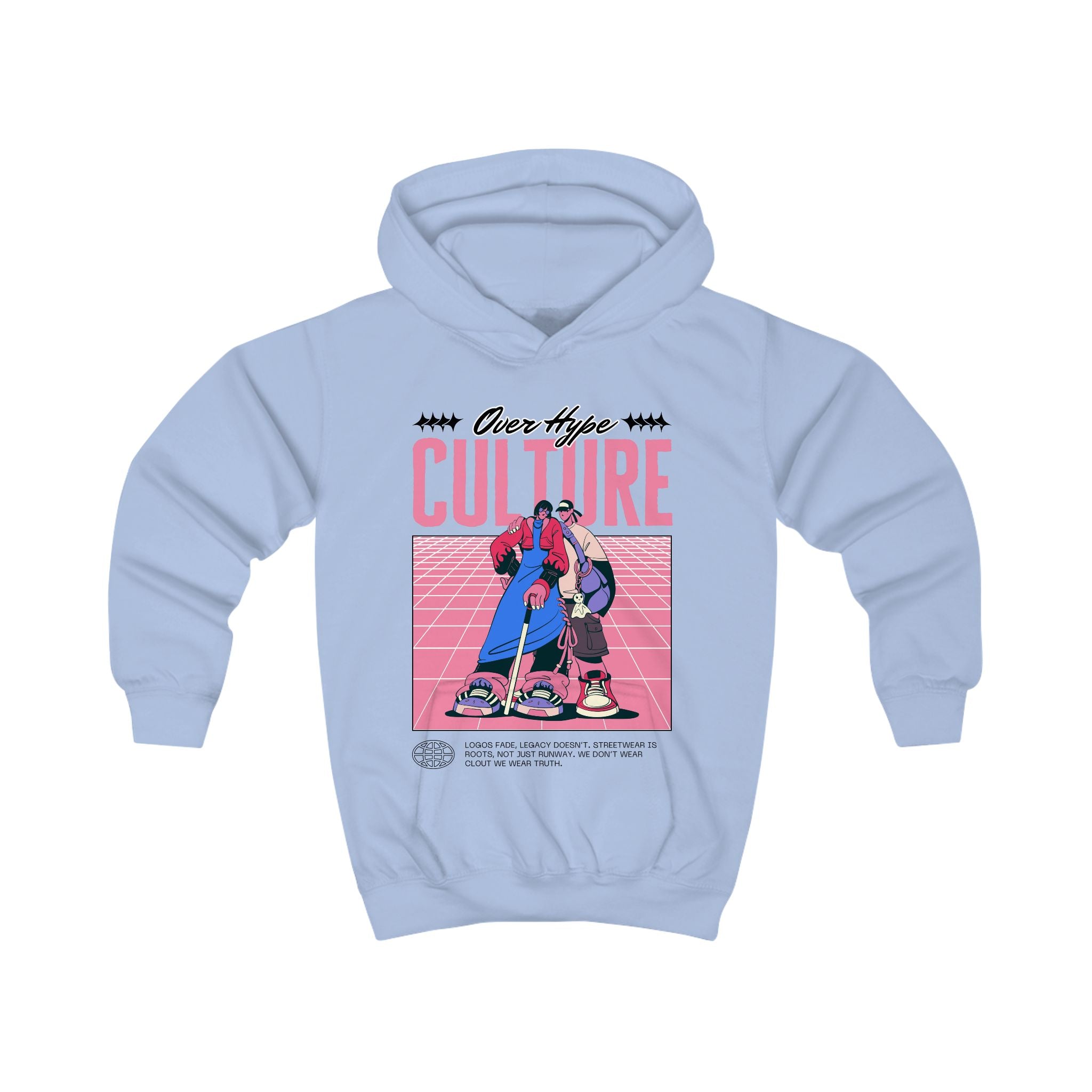 Kids Hoodie with Playful Retro-Inspired Cartoon Print - Street-Style Attitude in Bold Pinks and Blues - Skatepark Vibes - Arcade Loving Kids