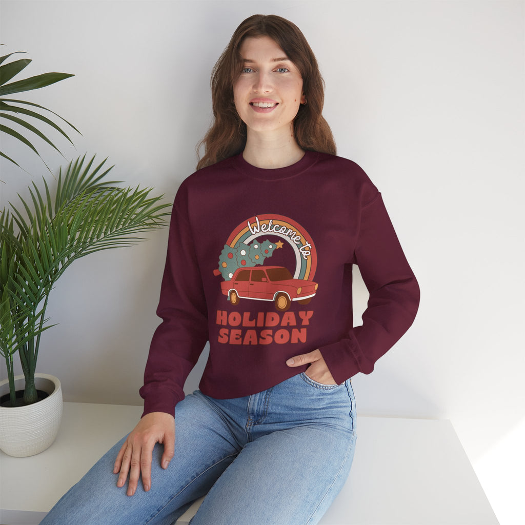 Holiday Season Sweatshirt — Retro Car & Tree Christmas Crewneck