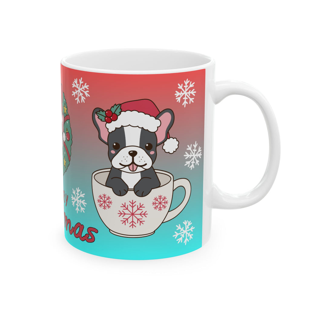 Merry Christmas Dog Holiday Mug — Cute French Bulldog in Wreath (11oz & 15oz)