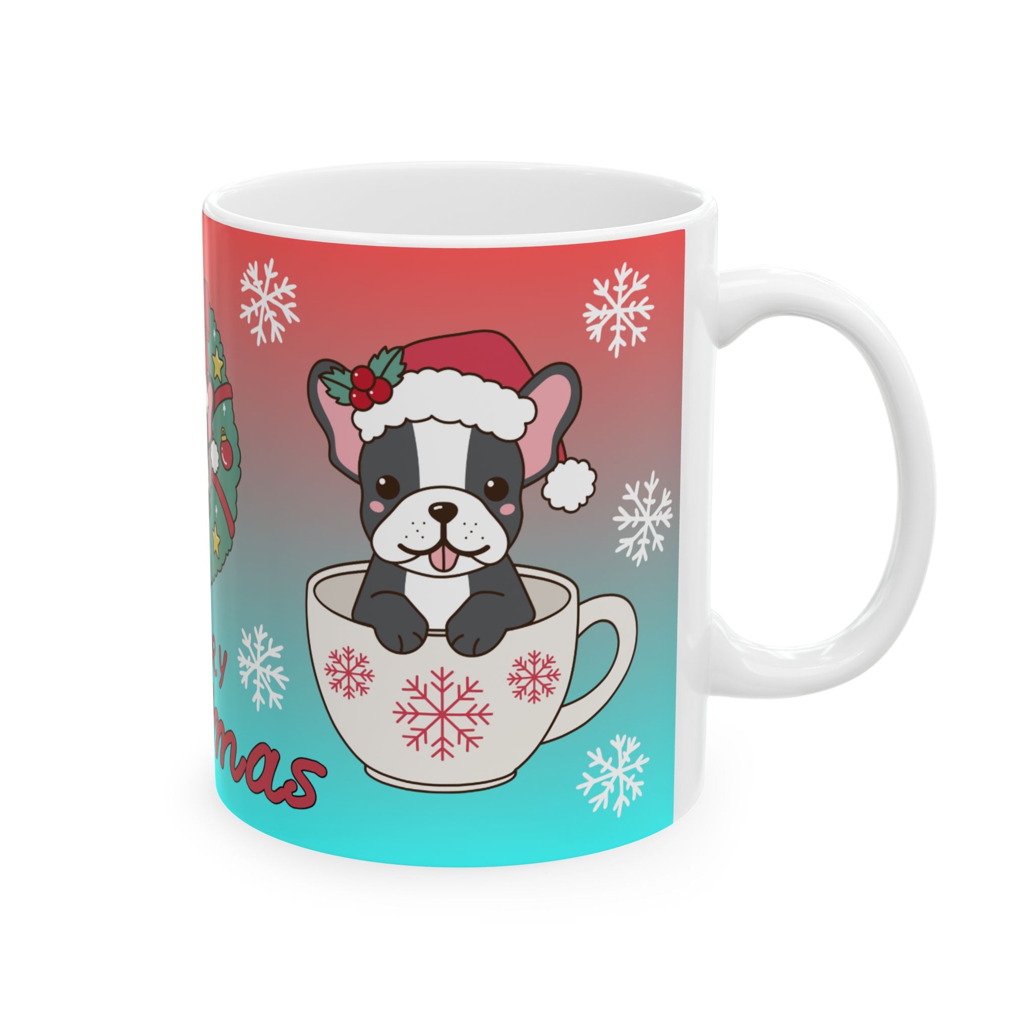 Merry Christmas Dog Holiday Mug — Cute French Bulldog in Wreath (11oz & 15oz)