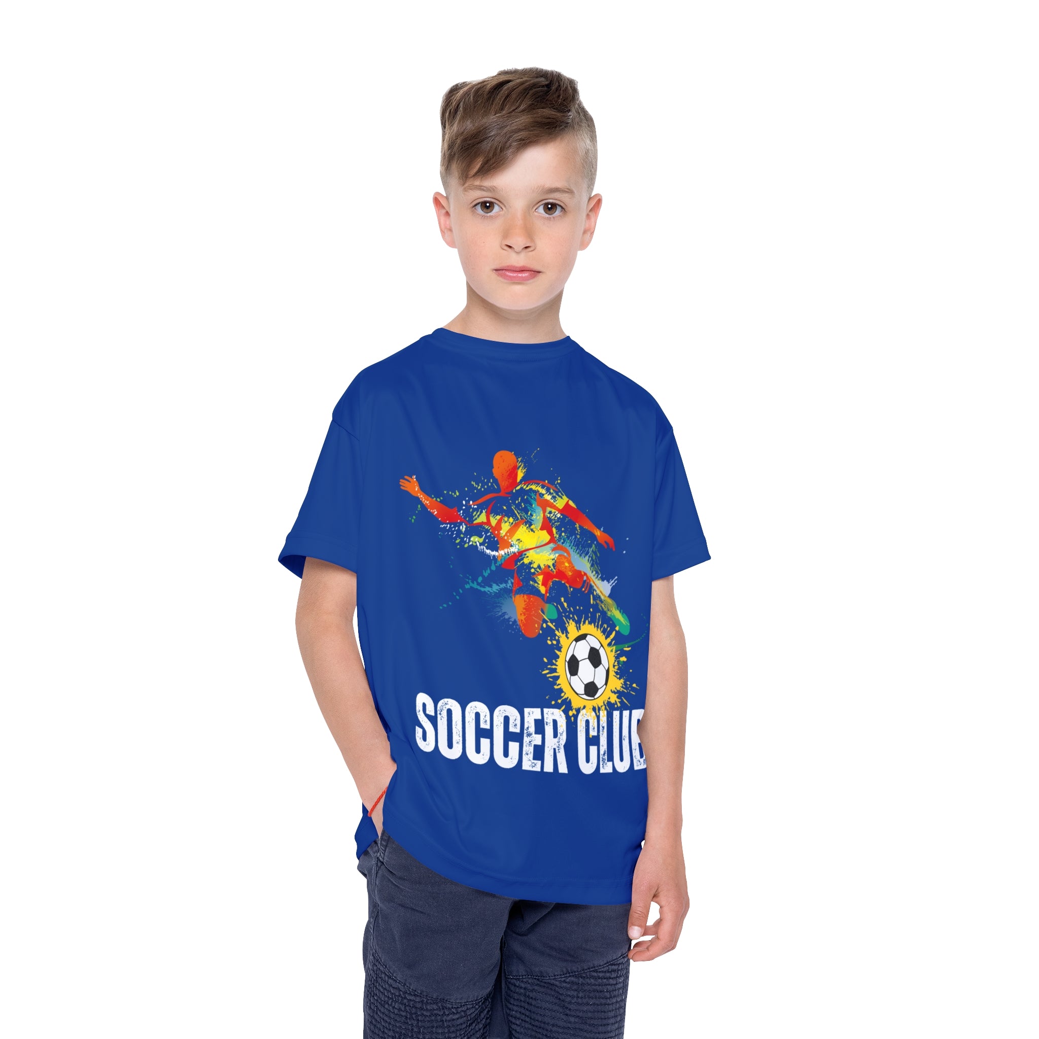 Royal Blue Kids Soccer Club Jersey — Colorful Splash Soccer T‑Shirt