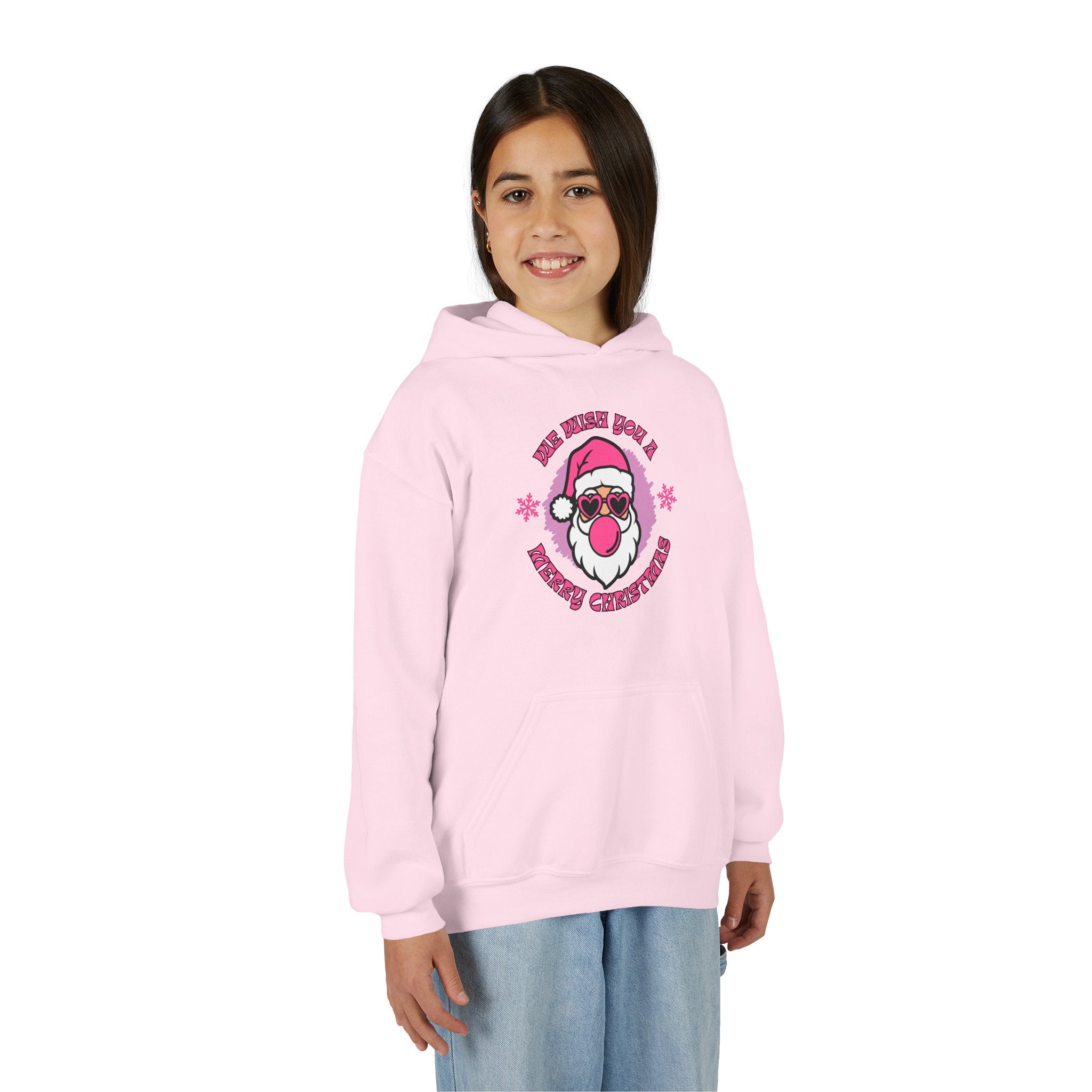Kids Christmas Hoodie - Pink Sunglasses Santa "He Believes You" Holiday Sweatshirt
