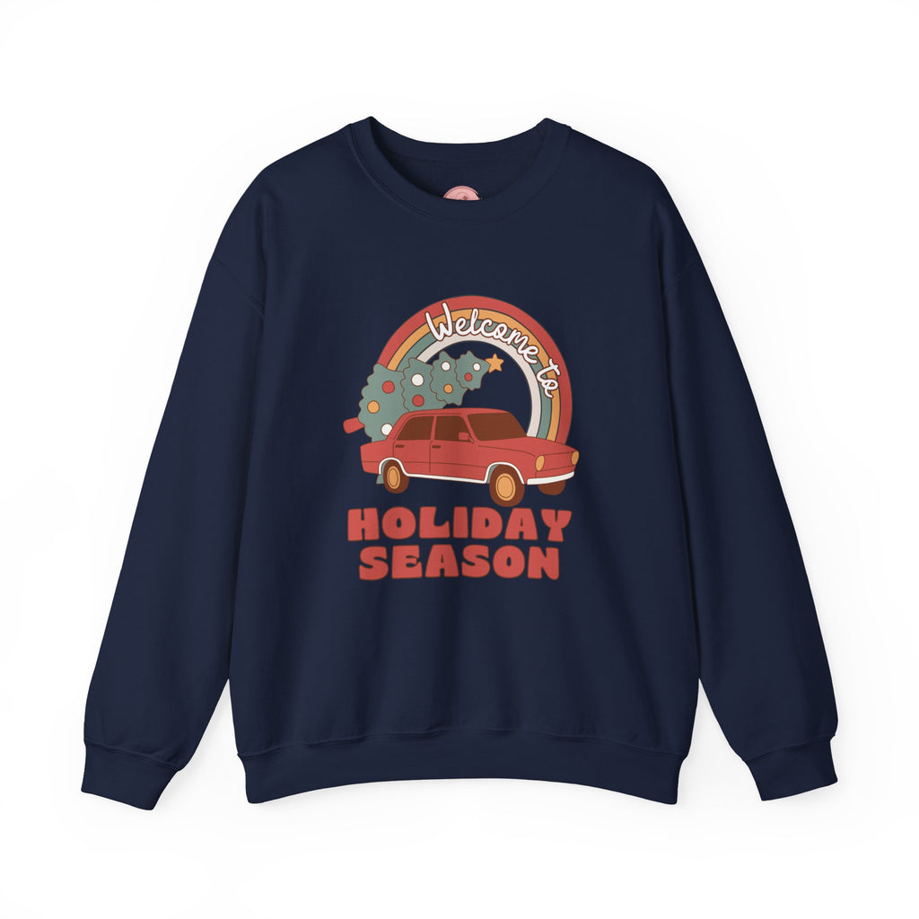 Holiday Season Sweatshirt — Retro Car & Tree Christmas Crewneck