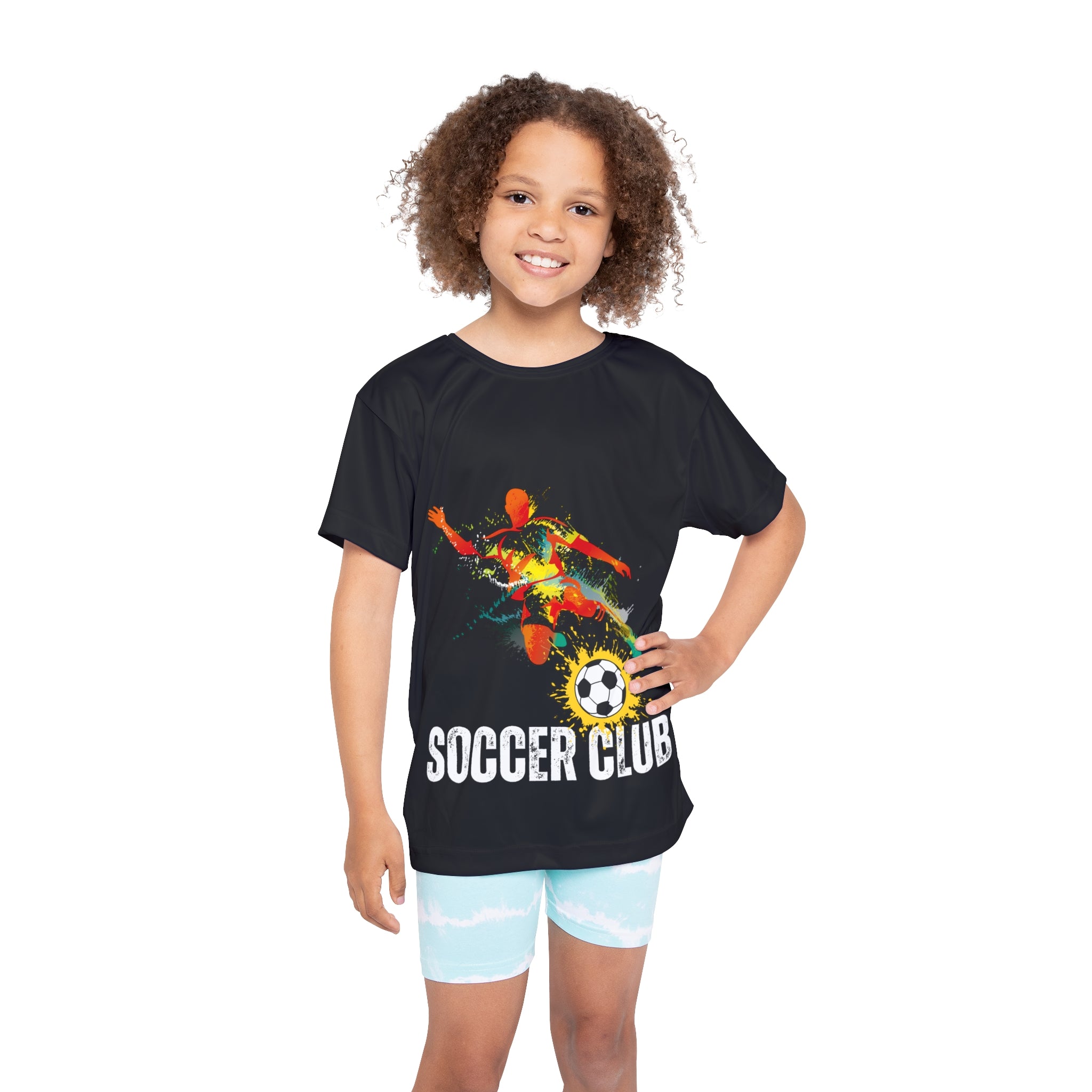 Black Kids Soccer Club Jersey — Colorful Action Graphic Youth Sports Tee
