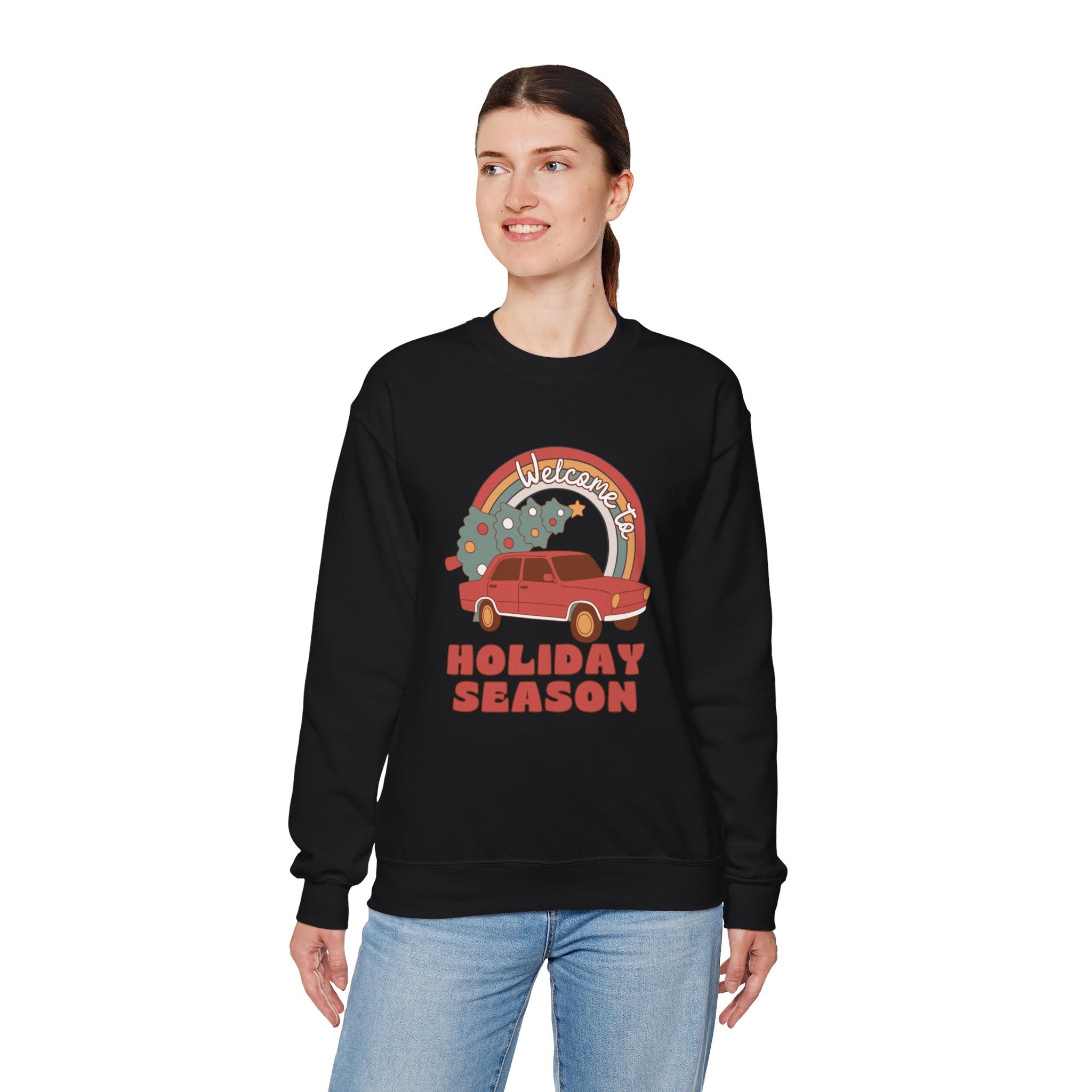 Holiday Season Sweatshirt — Retro Car & Tree Christmas Crewneck