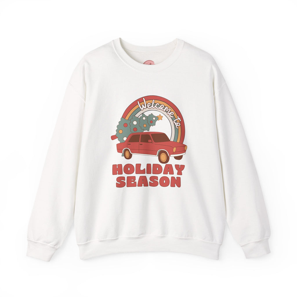 Holiday Season Sweatshirt — Retro Car & Tree Christmas Crewneck