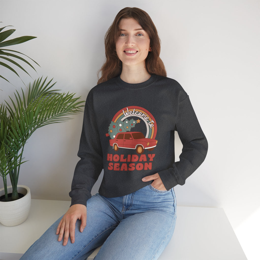 Holiday Season Sweatshirt — Retro Car & Tree Christmas Crewneck