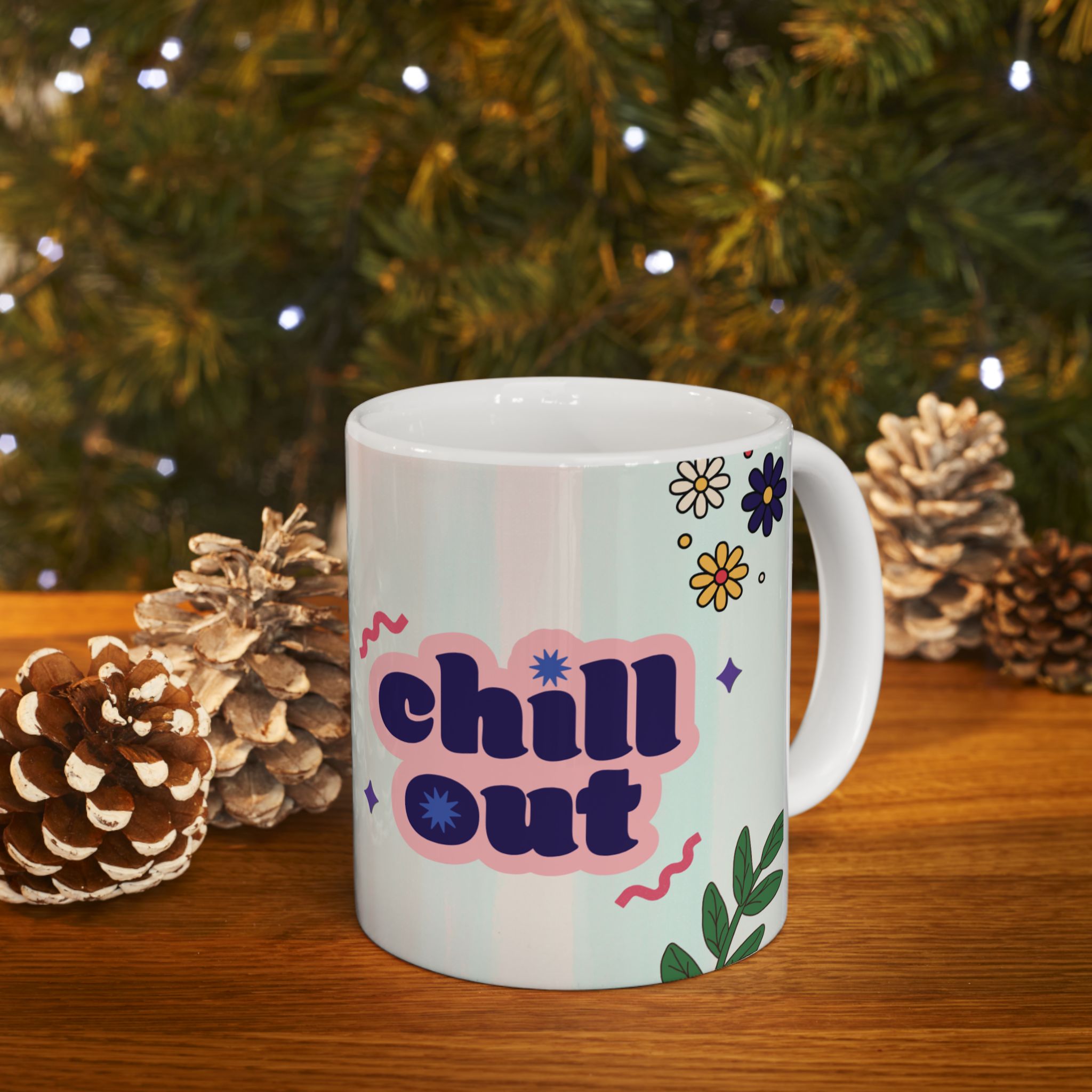 Cute Retro Pop Art Ceramic Mug – 'Chill Out' Floral Coffee Cup (11oz & 15oz)