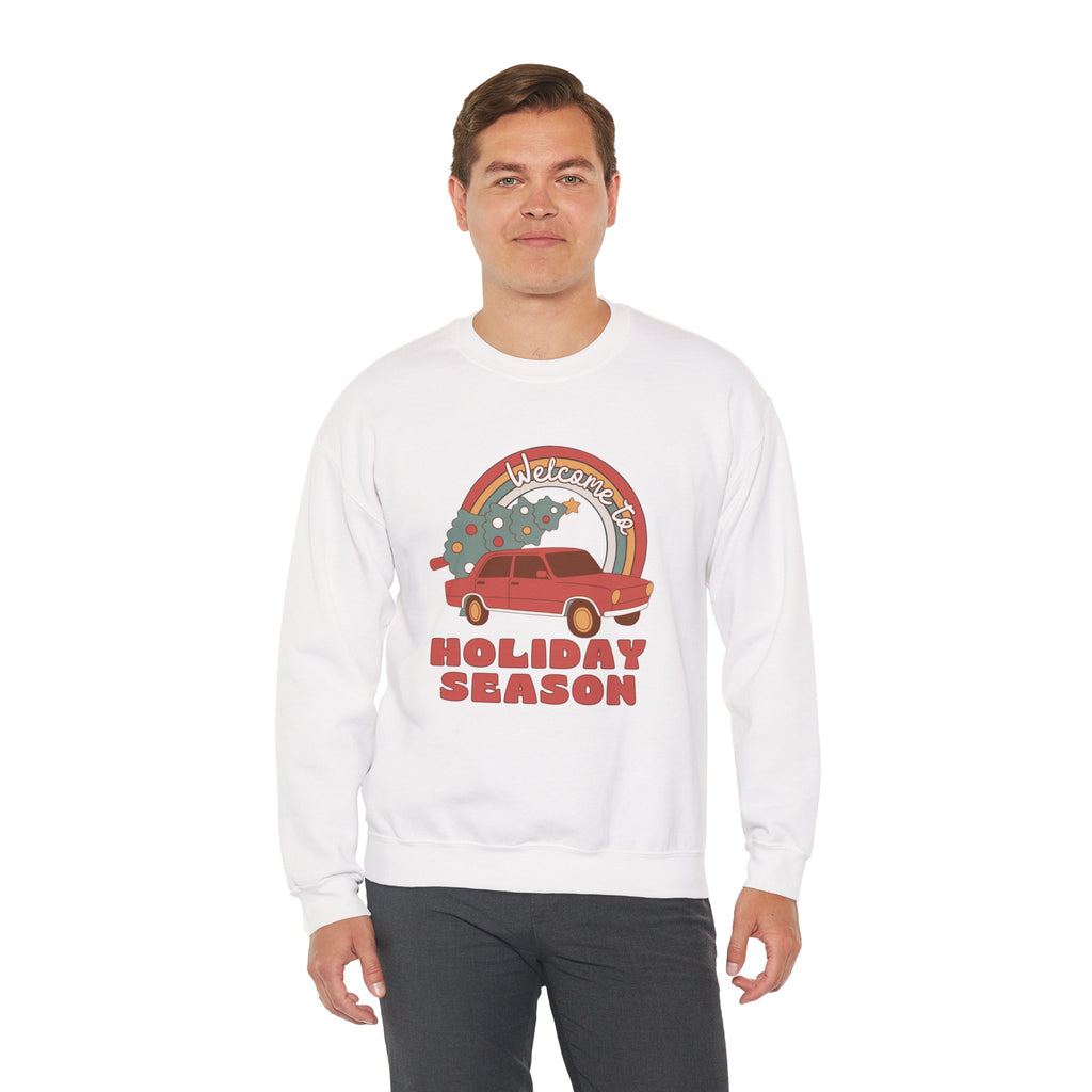 Holiday Season Sweatshirt — Retro Car & Tree Christmas Crewneck