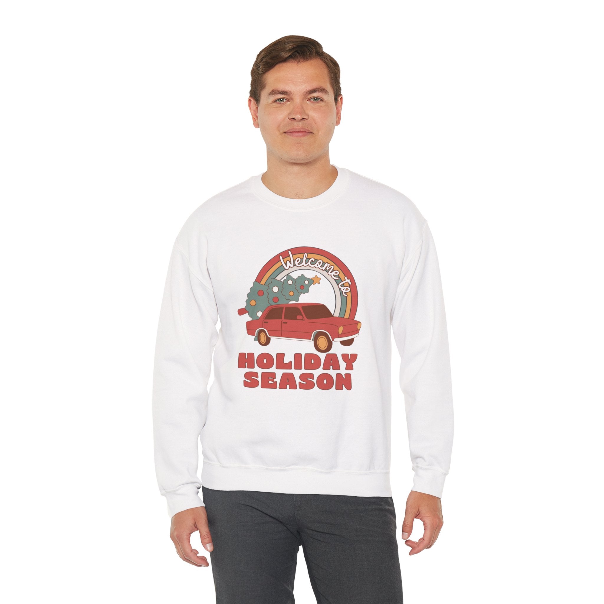 Holiday Season Sweatshirt — Retro Car & Tree Christmas Crewneck