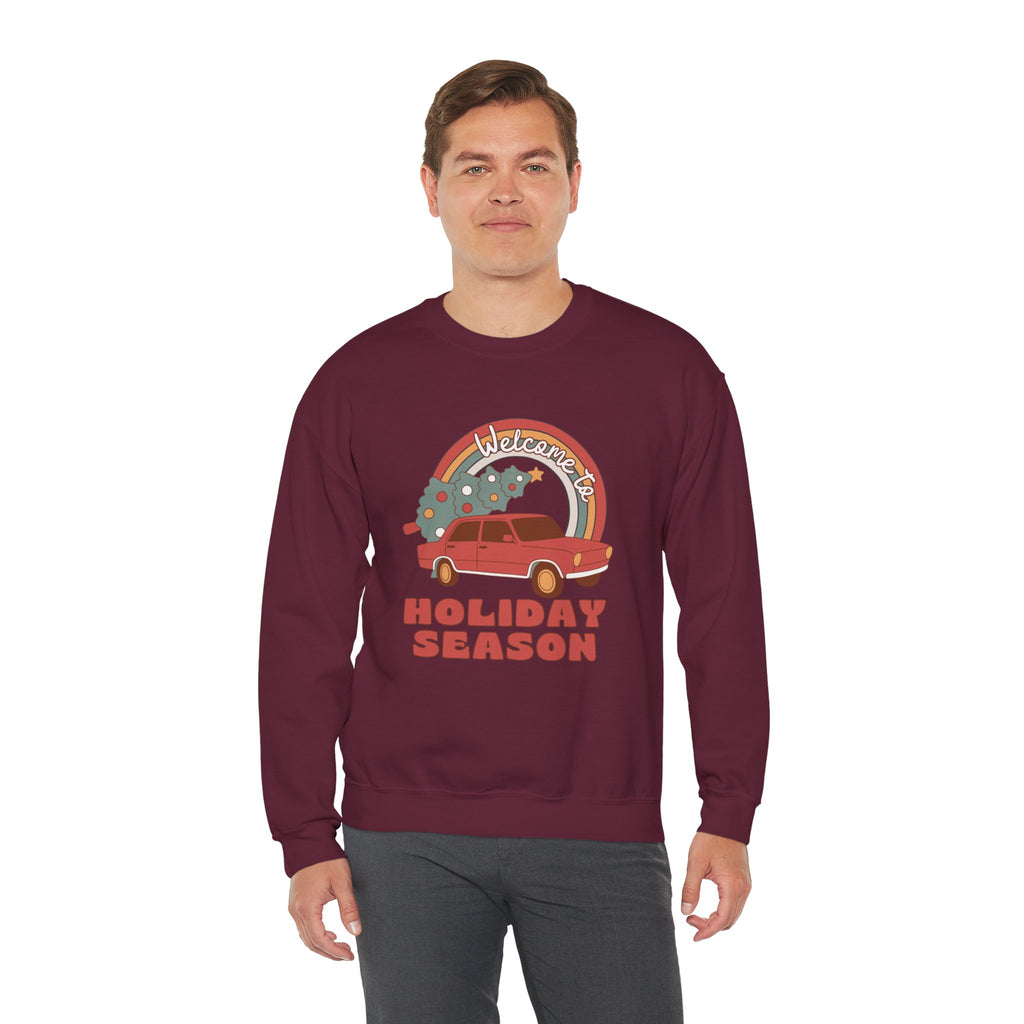 Holiday Season Sweatshirt — Retro Car & Tree Christmas Crewneck