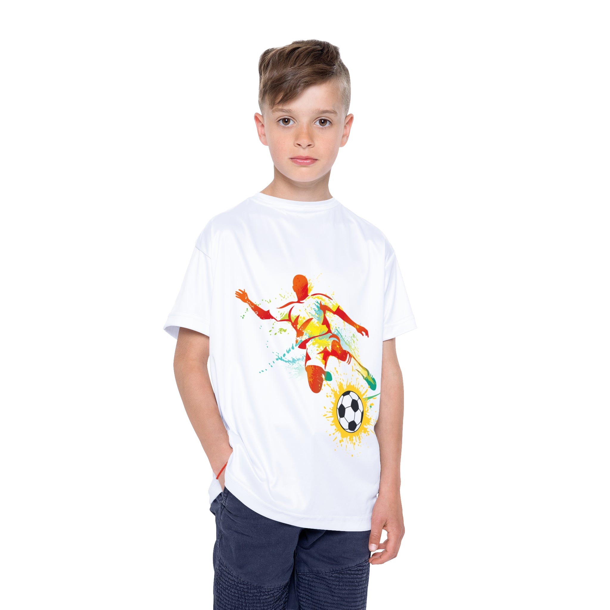 Kids Soccer Jersey — Colorful Watercolor Player Graphic