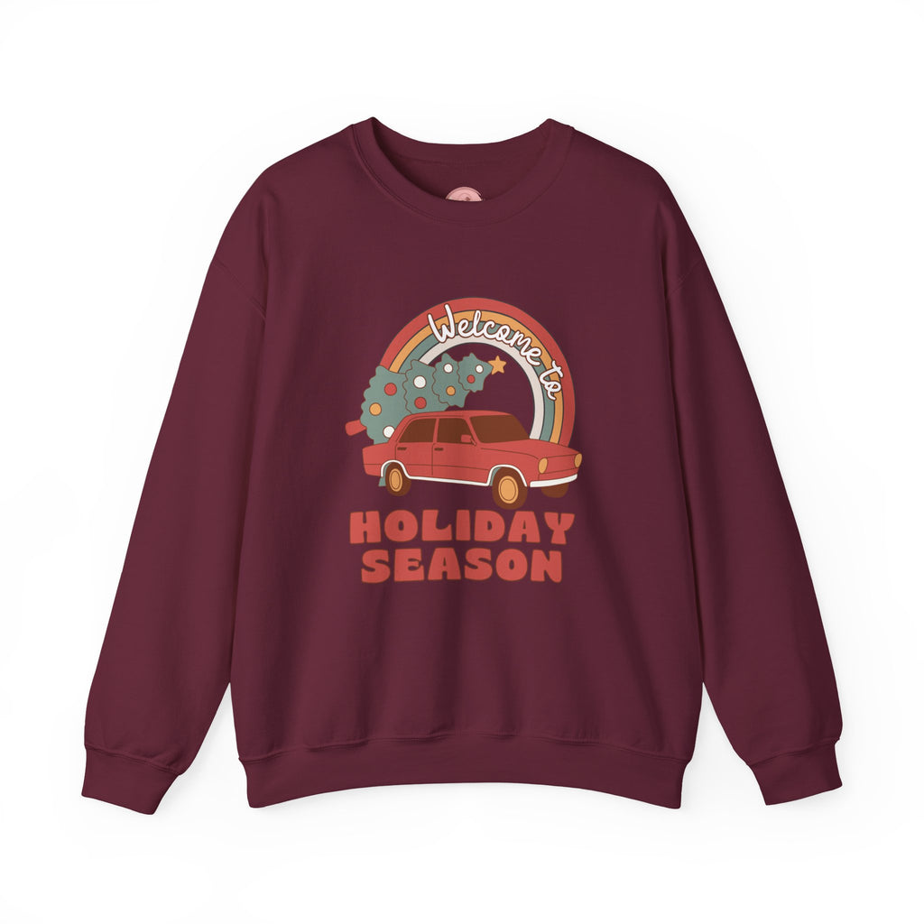 Holiday Season Sweatshirt — Retro Car & Tree Christmas Crewneck