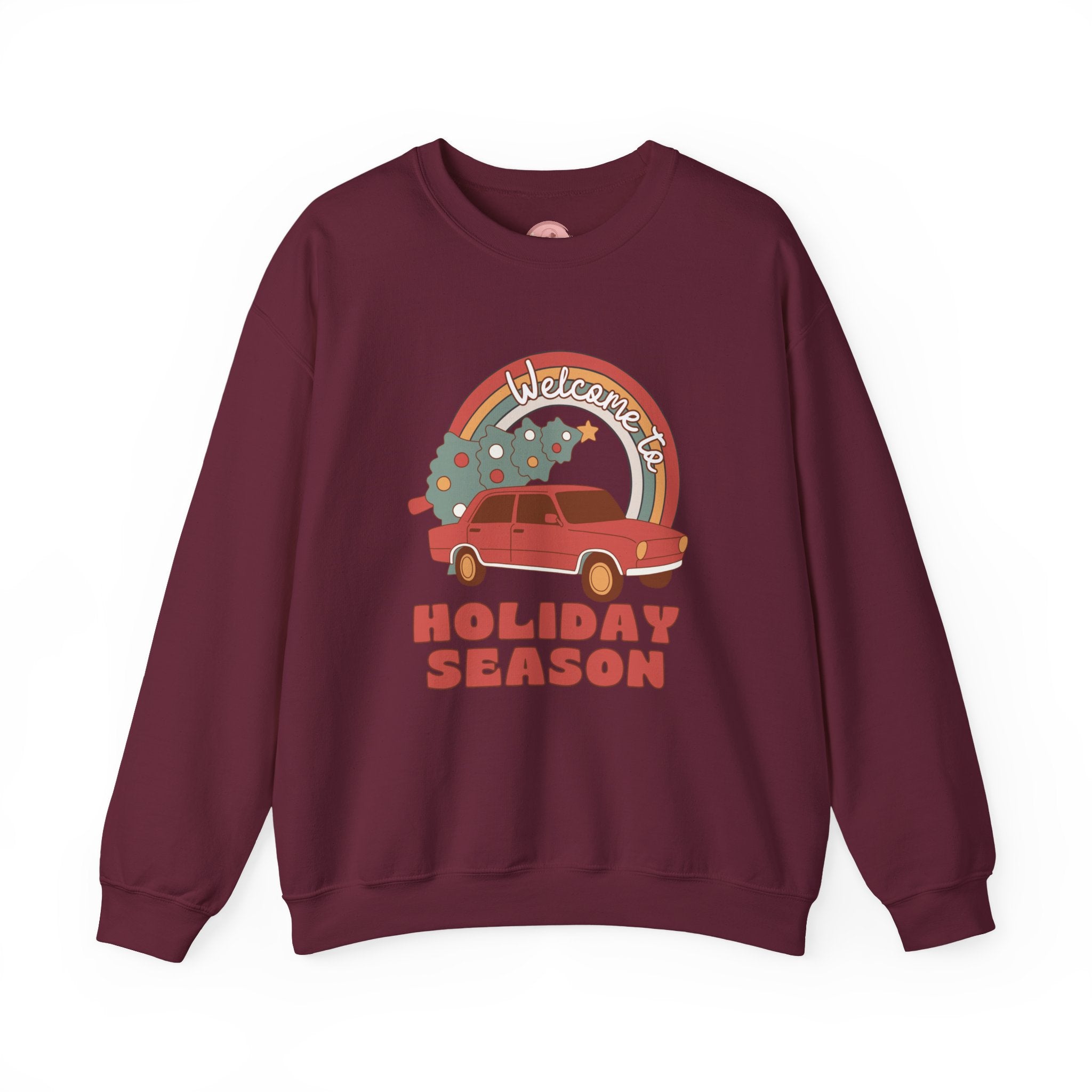 Holiday Season Sweatshirt — Retro Car & Tree Christmas Crewneck