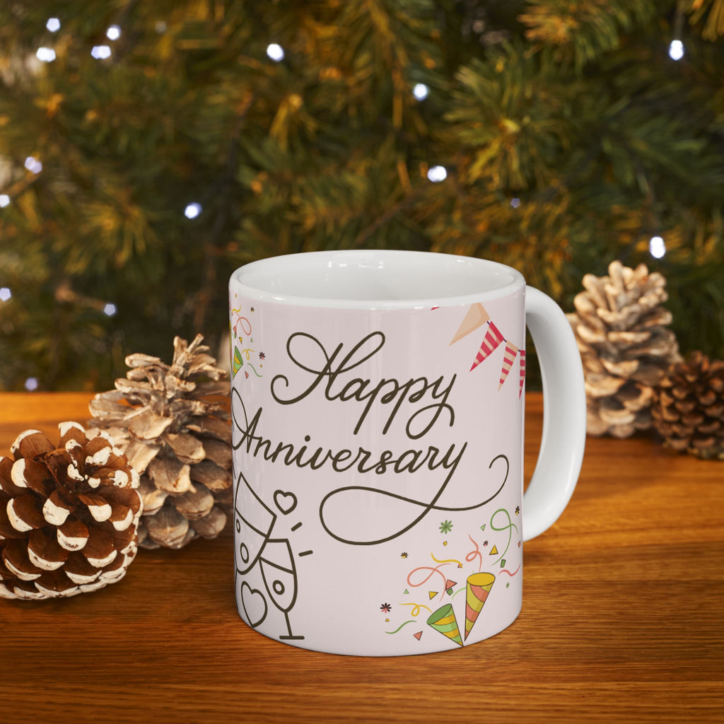 Anniversary Ceramic Mug – Happy Anniversary with Balloons & Cheers (11oz/15oz)