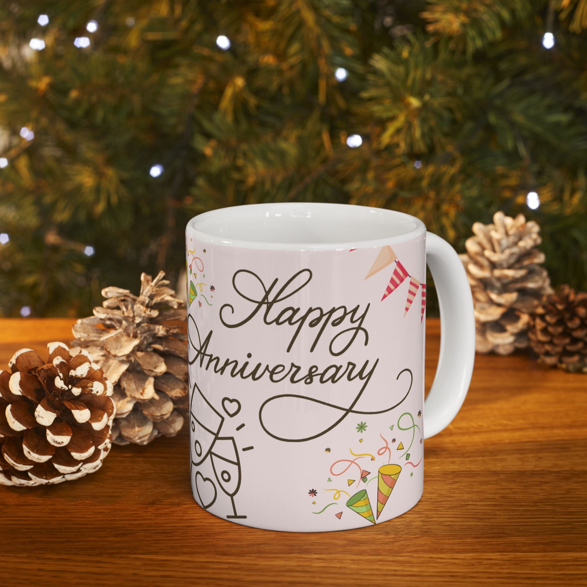 Anniversary Ceramic Mug – Happy Anniversary with Balloons & Cheers (11oz/15oz)