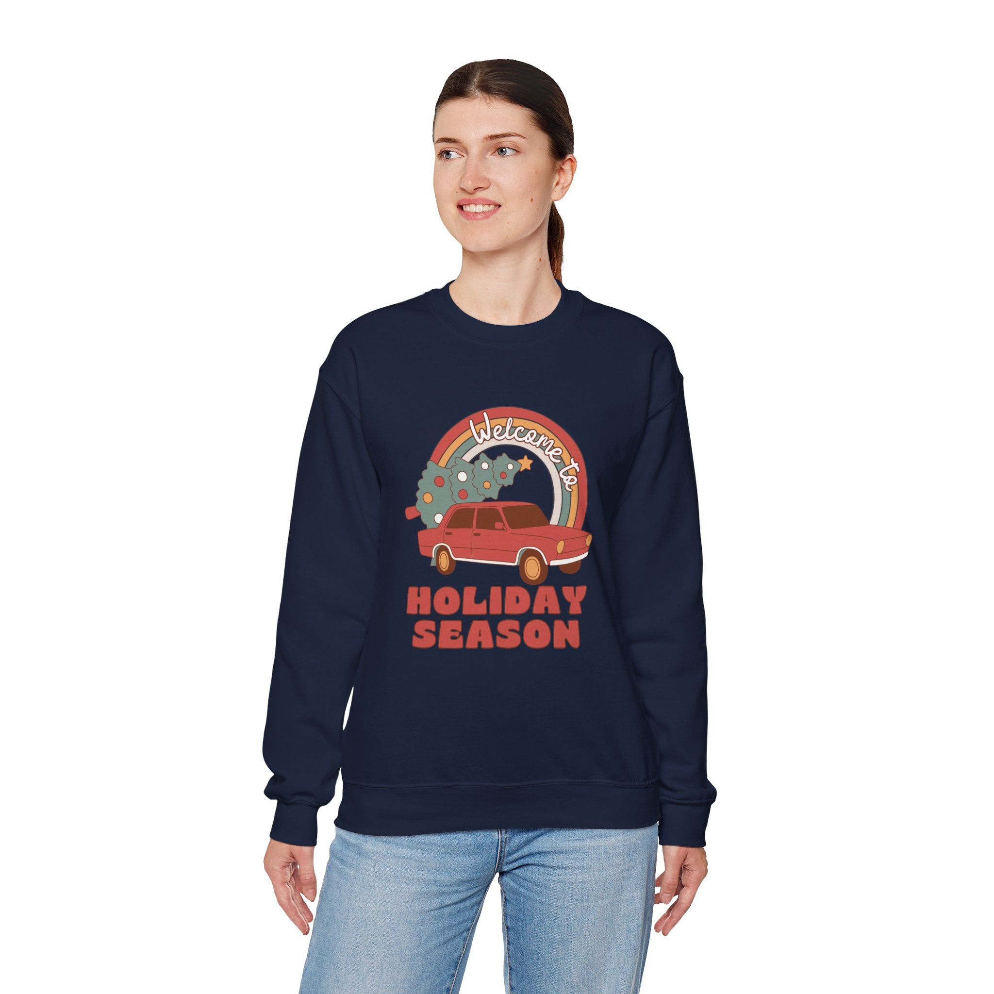 Holiday Season Sweatshirt — Retro Car & Tree Christmas Crewneck