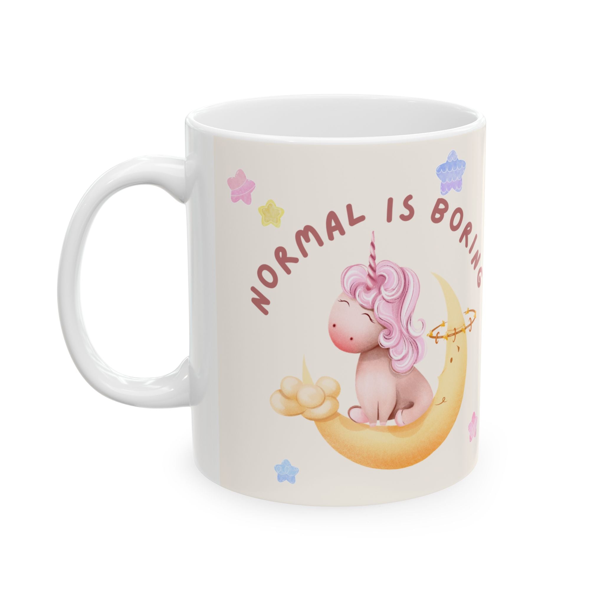 Whimsical Unicorn Moon Ceramic Mug — “No Drama, Be a Unicorn” Cute Pastel Coffee Cup (11oz/15oz)