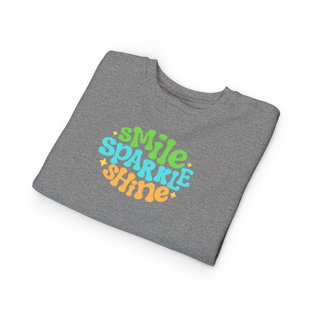 Toddler Sweatshirt – "Smile Sparkle Shine" Retro Rainbow Crewneck