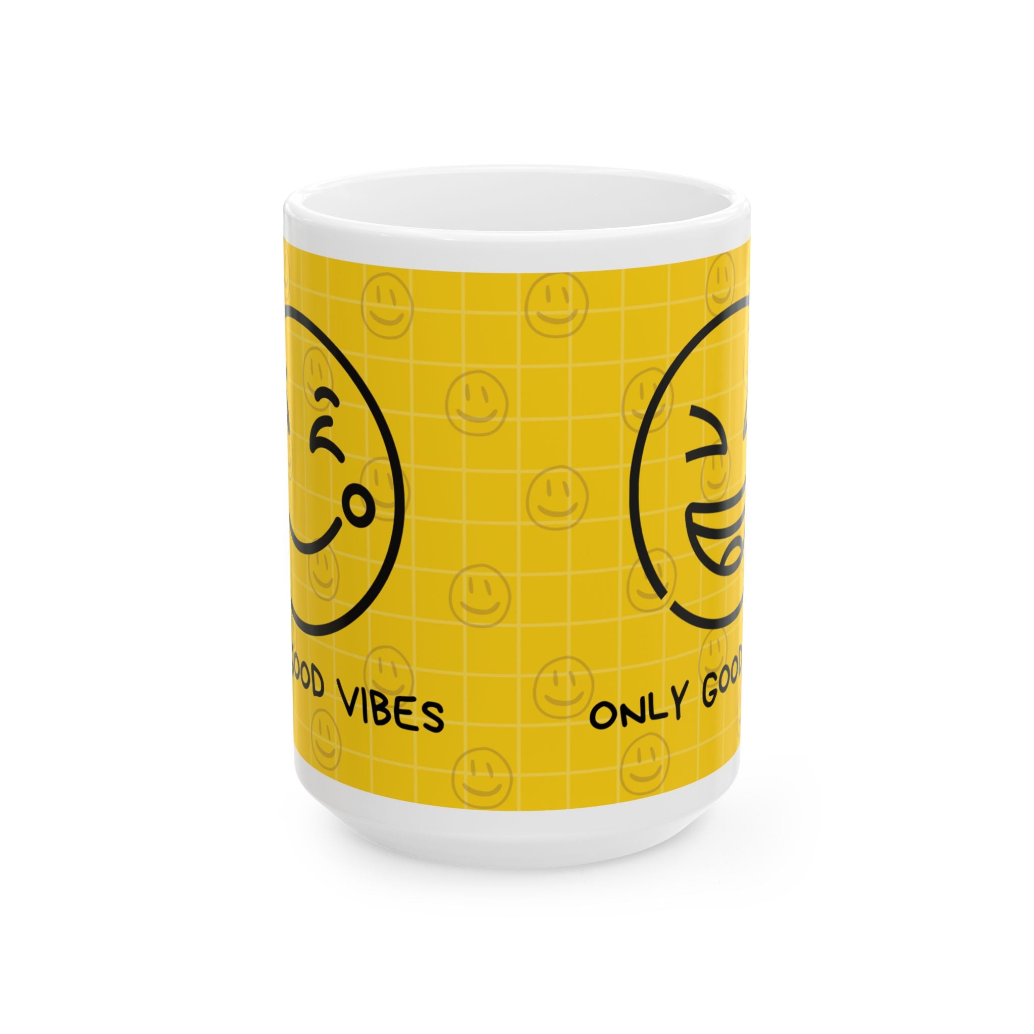 Only Good Vibes Ceramic Mug – Yellow Smiley Face Coffee Cup (11oz & 15oz)